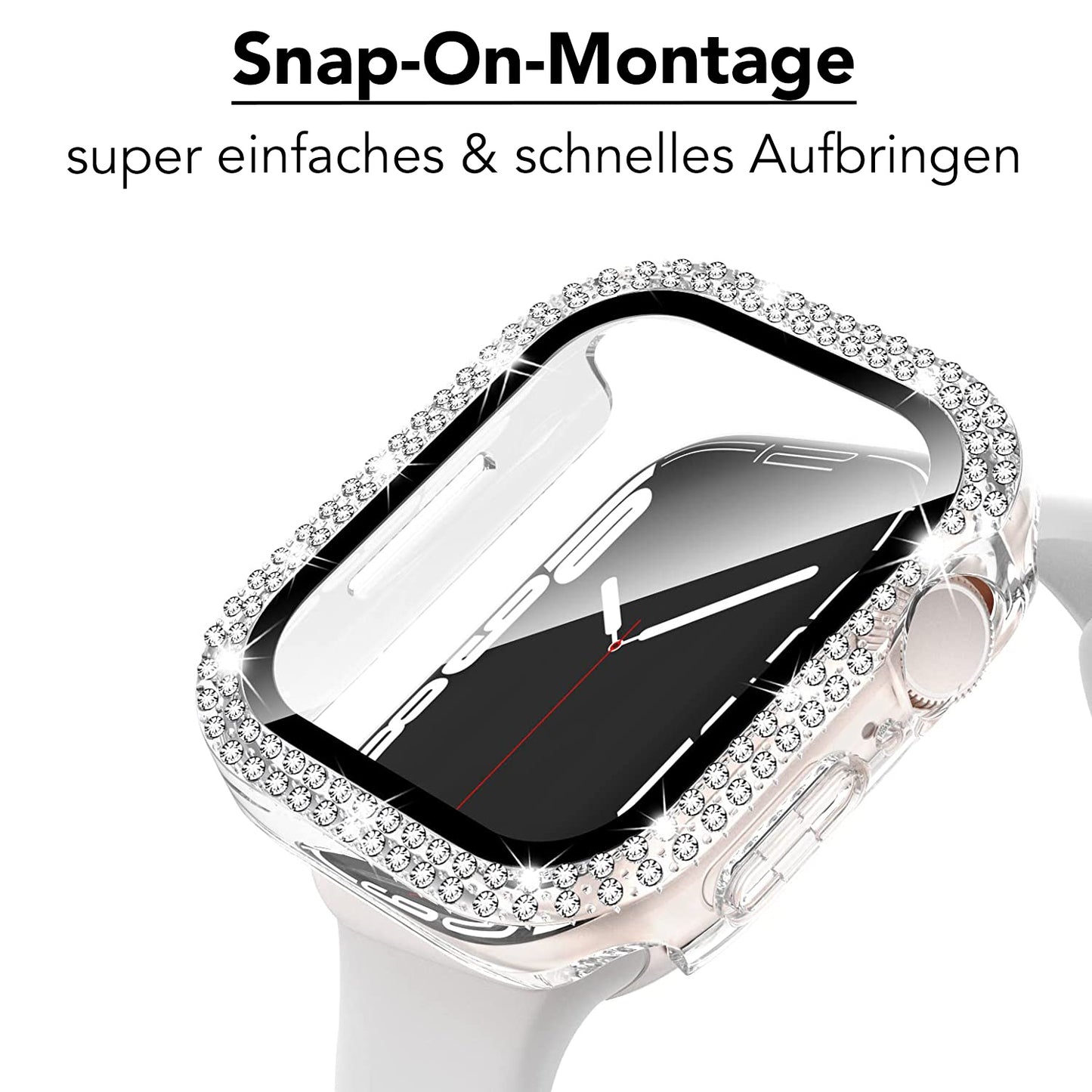 Eine Nahaufnahme der arktisband GLAMOUR Glitzerhülle für Apple Watch zeigt ein mit Strasssteinen besetztes Klarsichtgehäuse mit gehärtetem Schutzglas. Deutscher Text oben: Snap-On-Montage, super einfaches & schnelles Aufbringen.