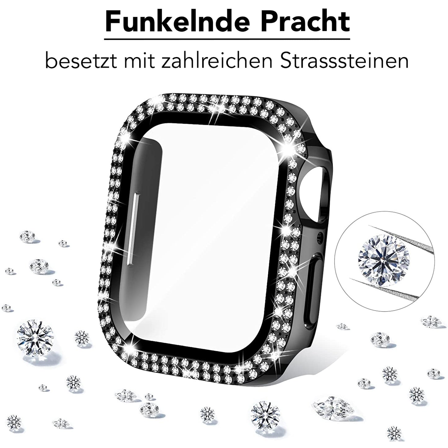 Die arktisband GLAMOUR Glitzerhülle für Apple Watch wird gezeigt: Eine schwarze Hülle mit zahlreichen Strasssteinchen rund um den Rahmen, lose Steine daneben. Oben betont der Text den funkelnden Look und das robuste gehärtete Schutzglas.