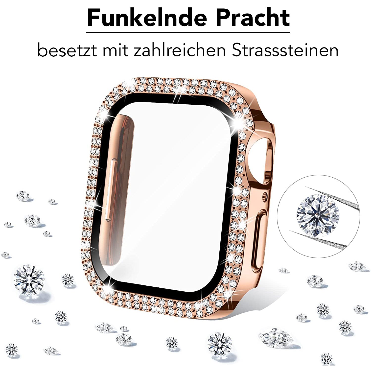 Abgebildet ist die arktisband GLAMOUR Glitzerhülle für Apple Watch von arktisband in Roségold, verziert mit vielen Strasssteinchen. Lose Steinchen liegen daneben, eine Nahaufnahme zeigt Details und oben ist deutscher Text zu sehen.
