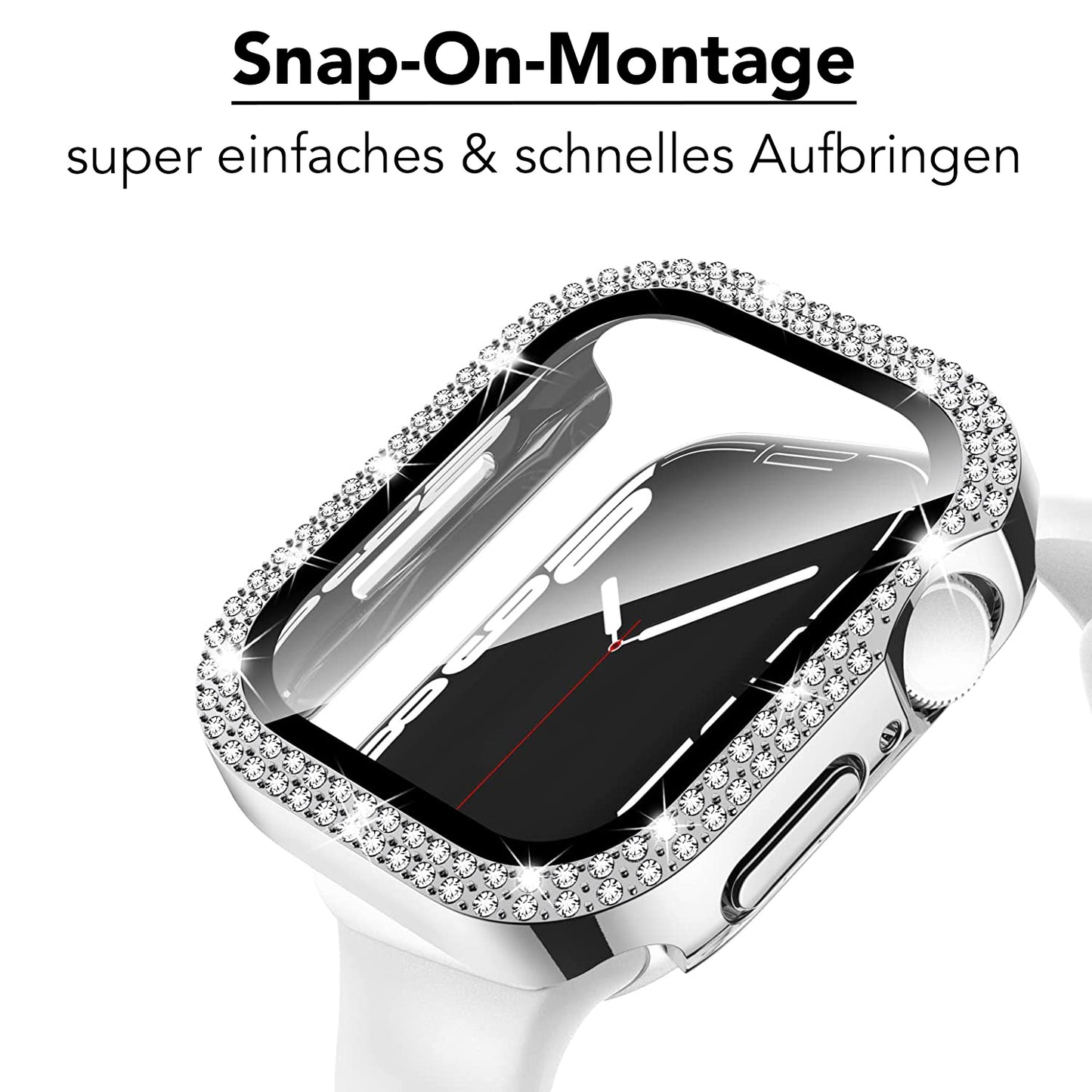 Abgebildet ist die arktisband GLAMOUR Glitzerhülle für Apple Watch mit klarem gehärtetem Schutzglas und einem juwelenbesetzten Rahmen. Der obige Text lautet: Snap-On-Montage super nettes & schnelles Aufbringen.