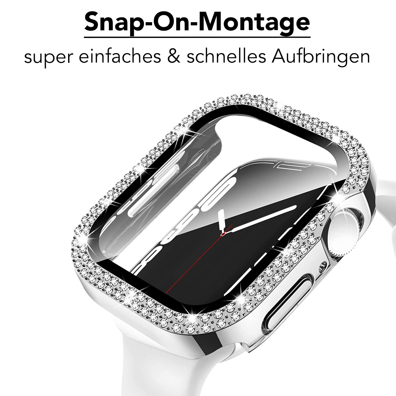 Abgebildet ist die arktisband GLAMOUR Glitzerhülle für Apple Watch mit klarem gehärtetem Schutzglas und einem juwelenbesetzten Rahmen. Der obige Text lautet: Snap-On-Montage super nettes & schnelles Aufbringen.