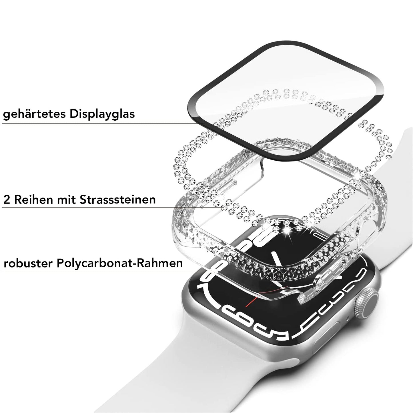 Die arktisband GLAMOUR Glitzerhülle für Apple Watch verfügt über gehärtetes Schutzglas, zwei Reihen funkelnder Strasssteinchen und einen robusten Polycarbonat-Rahmen. Alle Beschriftungen sind auf Deutsch.