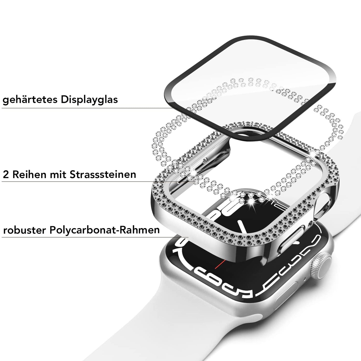 Explosionszeichnung der arktisband GLAMOUR Glitzerhülle für Apple Watch mit gehärtetem Schutzglas, zwei Reihen Strasssteinchen und einem robusten Polycarbonat-Rahmen. Auf den deutschen Etiketten sind die einzelnen Teile detailliert beschrieben. Marke: artisband.