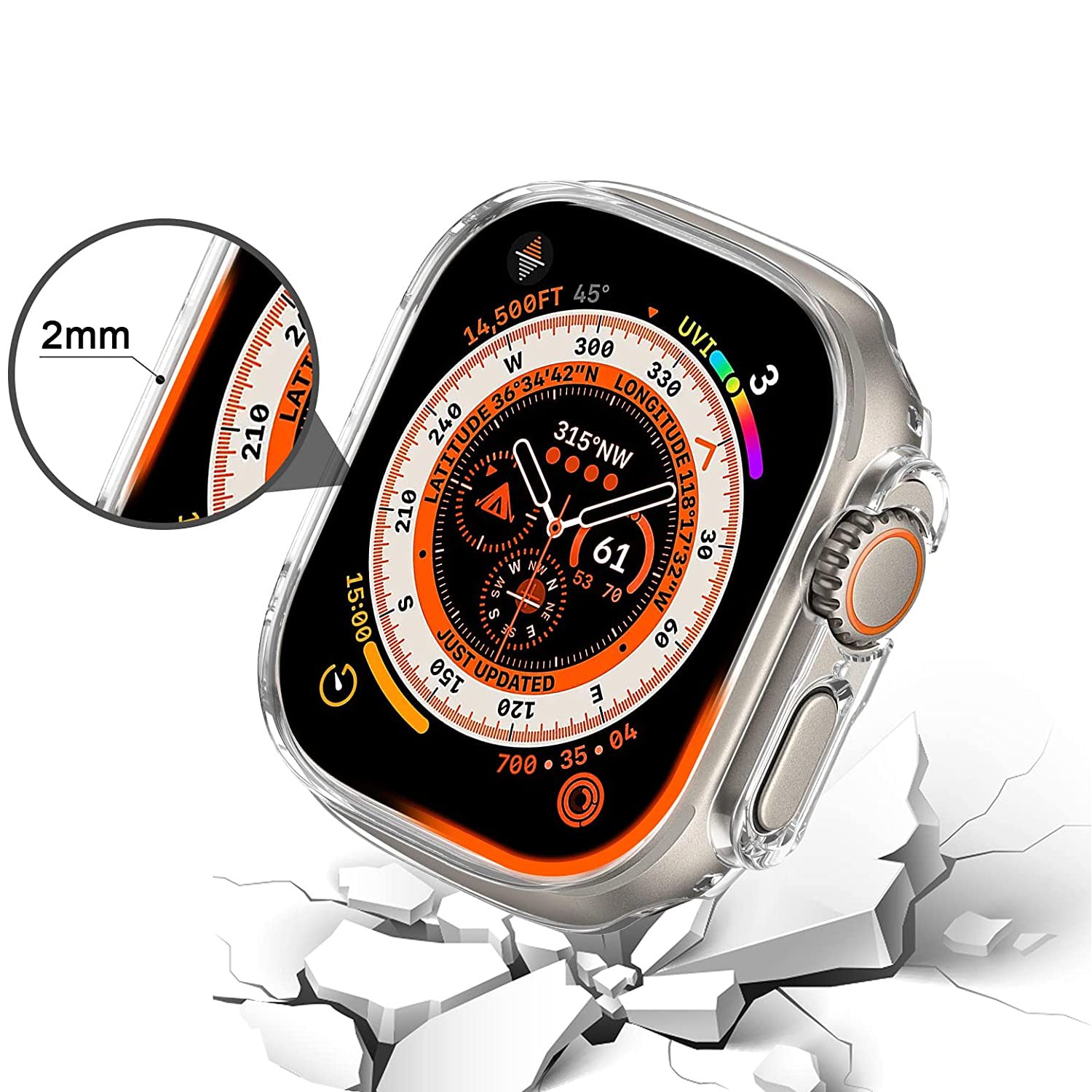 Ein robuster ArktisPRO CRYZTAL BUMPER für die Apple Watch Ultra 49 mm liegt auf einer rissigen Oberfläche und präsentiert seinen robusten 2-mm-Displayschutz und das langlebige Polycarbonat-Design.