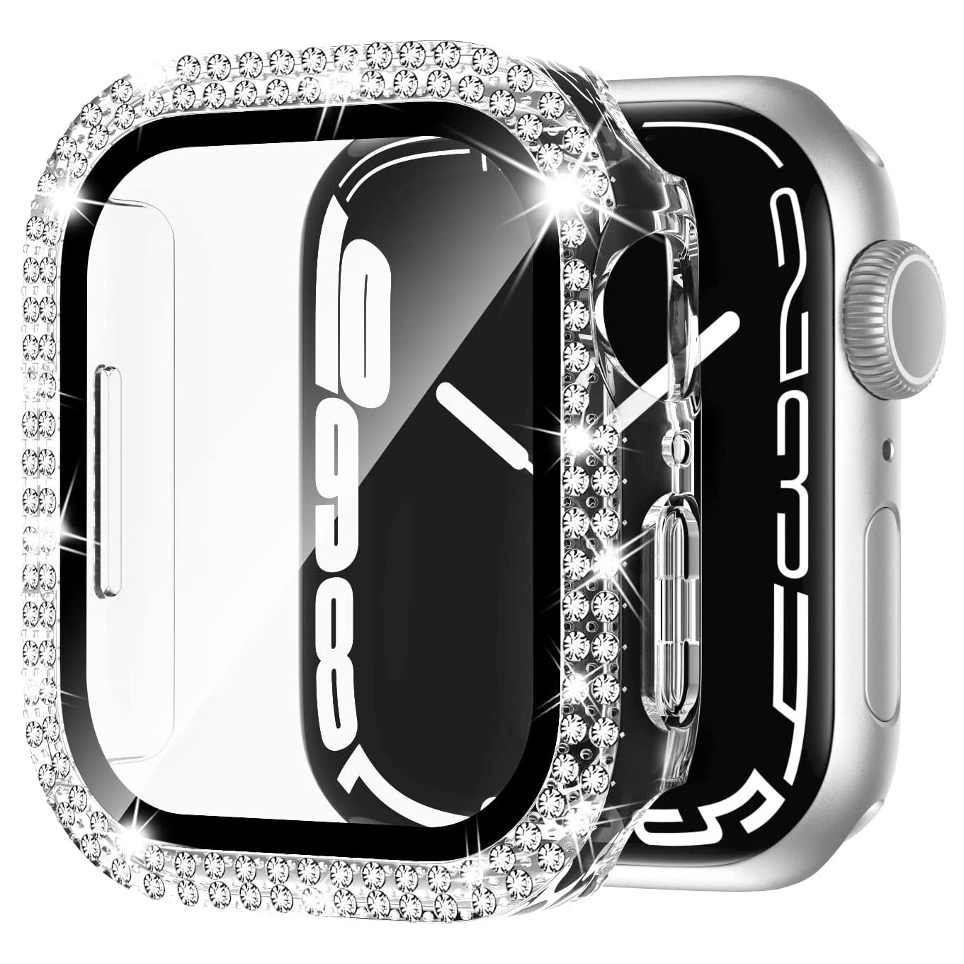 Eine Nahaufnahme einer Apple Watch in der arktisband GLAMOUR Glitzerhülle mit gehärtetem Schutzglas und Strasssteinchen von arktisband zeigt die schimmernden Kanten und das Display.