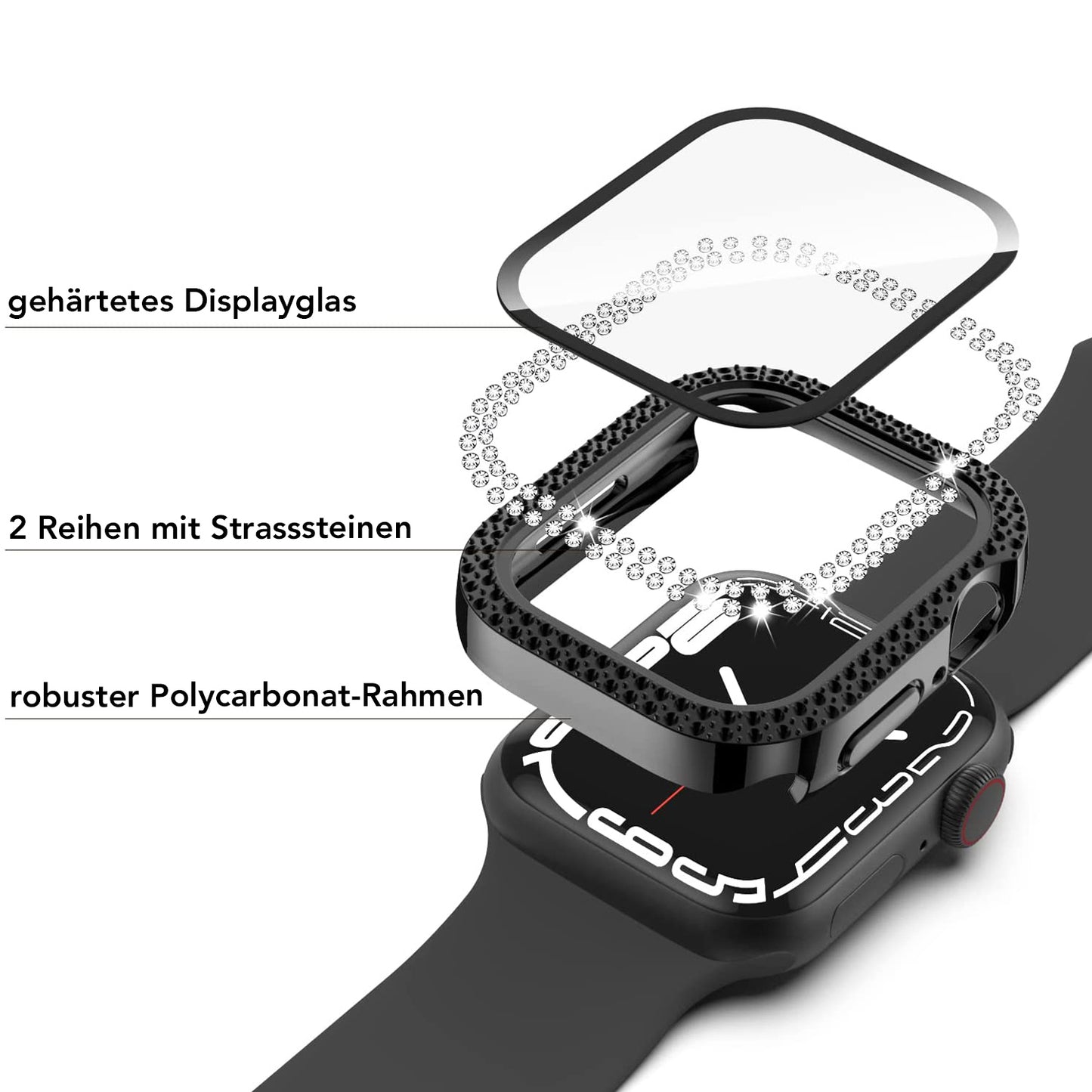 Explosionszeichnung der arktisband GLAMOUR Glitzerhülle für Apple Watch zeigt drei beschriftete Schichten: gehärtetes Schutzglas, zwei Reihen Strasssteinchen und einen robusten Polycarbonat-Rahmen mit schwarzem Band.