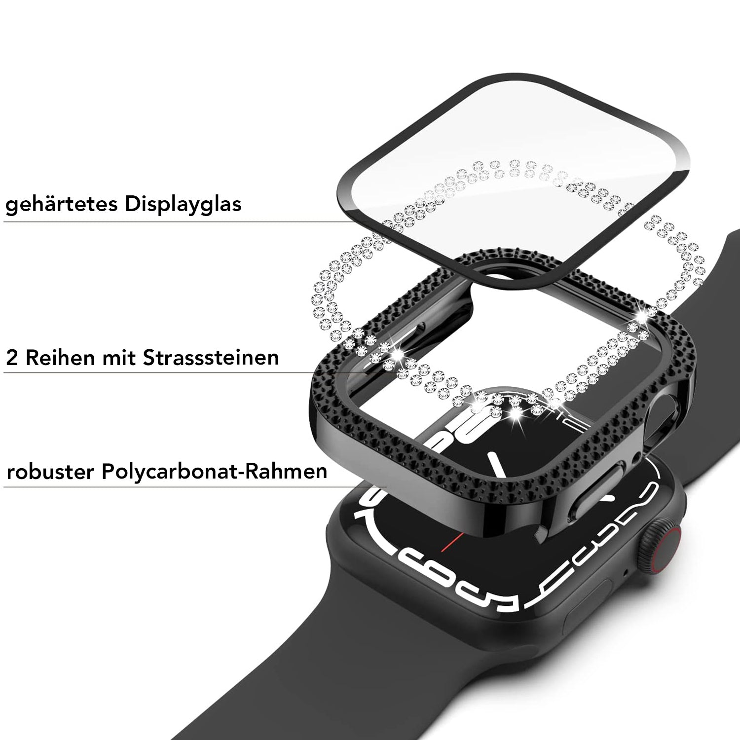 Explosionszeichnung der arktisband GLAMOUR Glitzerhülle für Apple Watch zeigt drei beschriftete Schichten: gehärtetes Schutzglas, zwei Reihen Strasssteinchen und einen robusten Polycarbonat-Rahmen mit schwarzem Band.