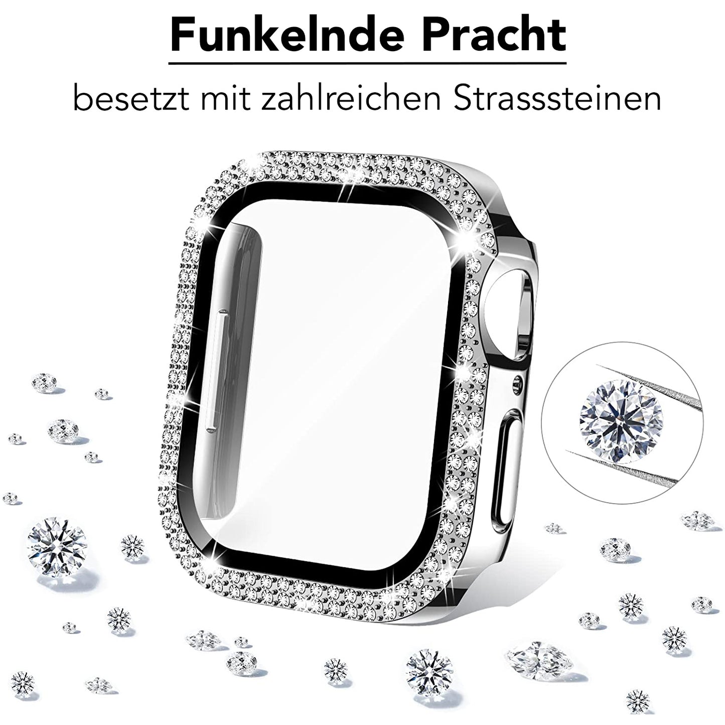 Die arktisband GLAMOUR Glitzerhülle für die Apple Watch von arktisband ist in Silber gehalten und am Rand mit funkelnden Strasssteinchen verziert. Vereinzelte Strasssteine sind in der Nähe sichtbar, eine kreisförmige Nahaufnahme hebt ein Detail hervor.