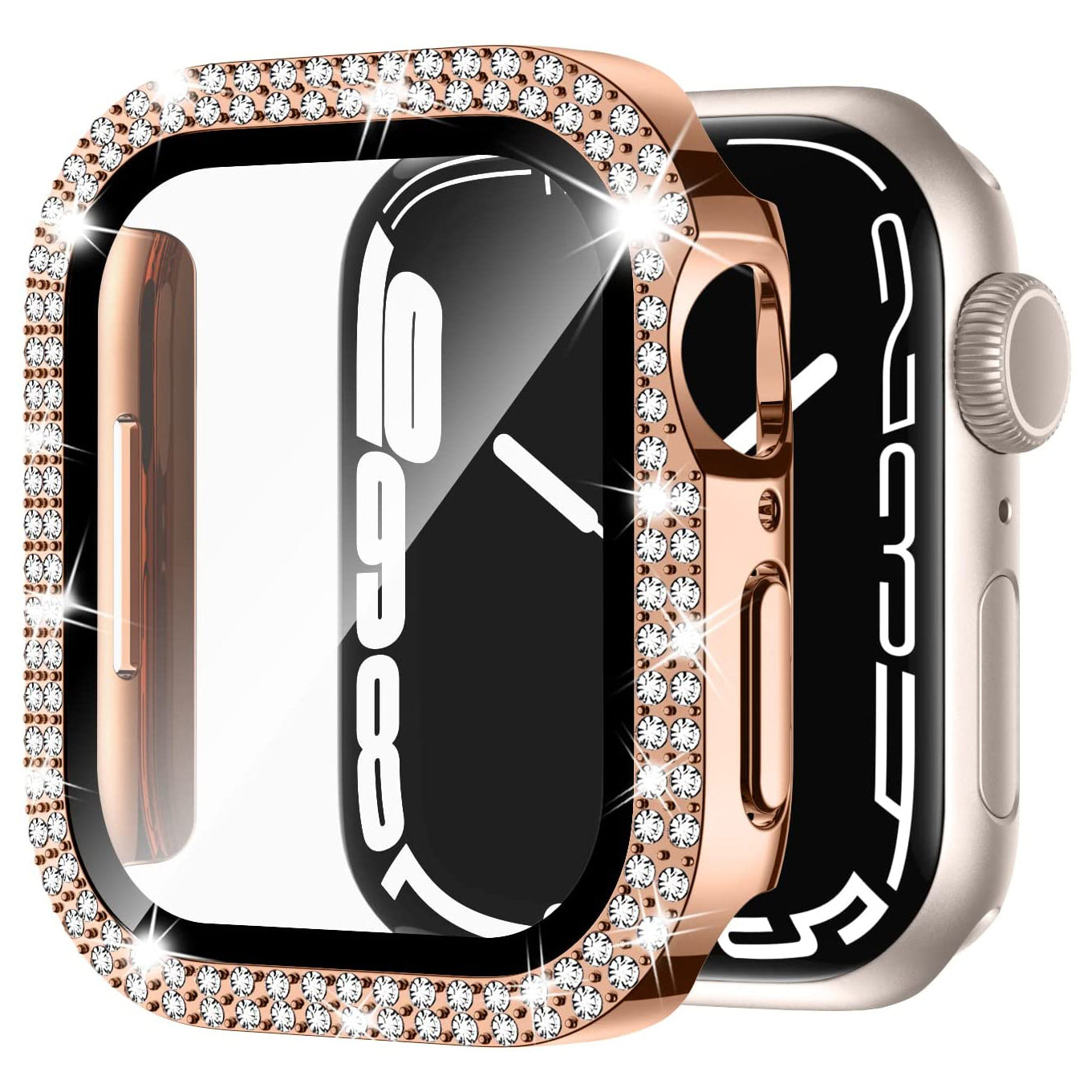 Die arktisband GLAMOUR Glitzerhülle für Apple Watch, ein goldenes Gehäuse mit gehärtetem Schutzglas und Strasssteinchen, ist auf einer silbernen Smartwatch mit schwarzem Display abgebildet. Beide werden nebeneinander dargestellt.