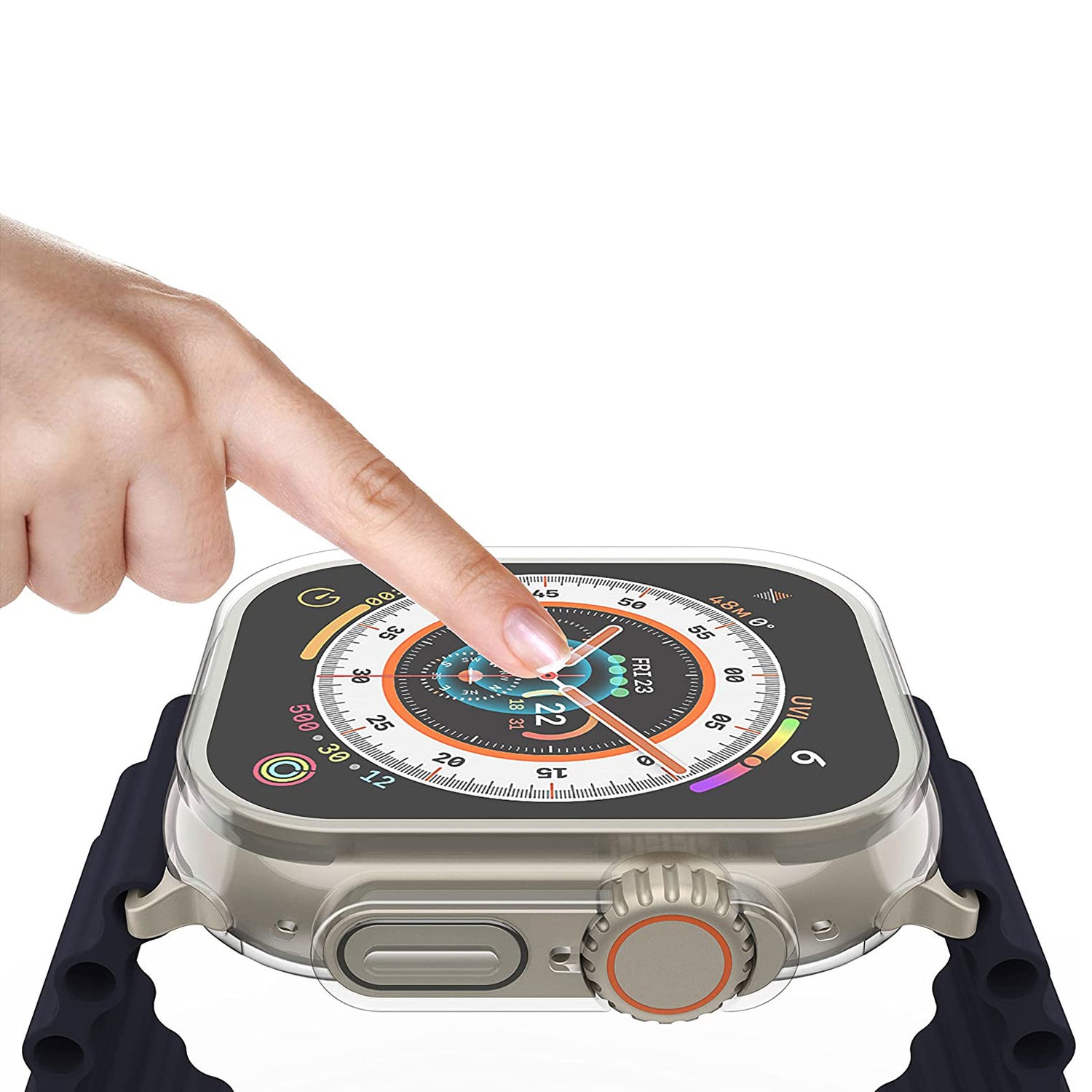 Eine Hand berührt das Display einer robusten Smartwatch mit detaillierter digitaler Schnittstelle, geschützt durch das arktis.de ArktisPRO Invisible Air Case für Apple Watch Ultra mit flexiblem TPU und vollem 360°-Schutz.