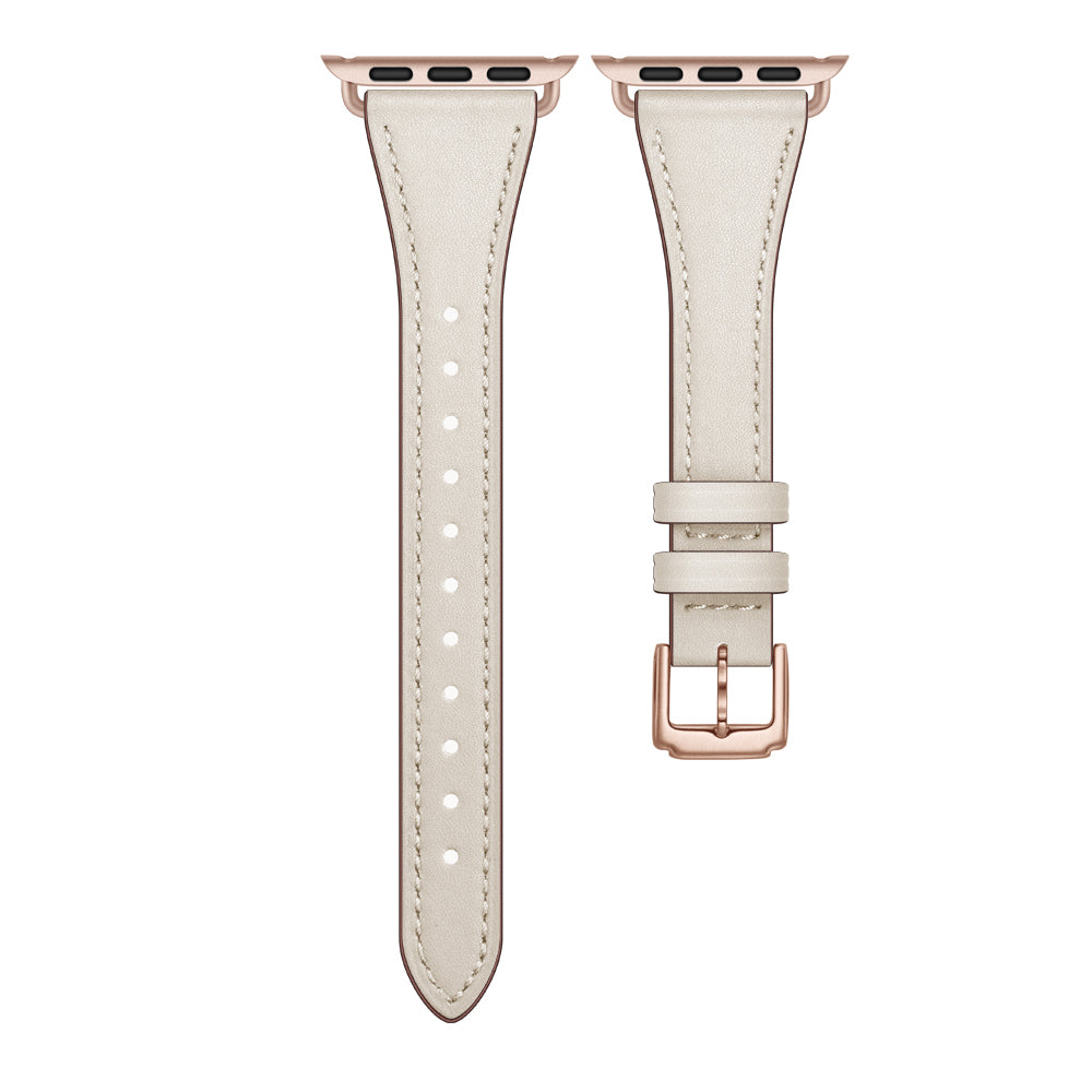 Das arktisband Apple Watch Lederarmband „Napoli“ in Beige aus Echtleder mit roségoldenen Steckern und Schließe präsentiert sich im minimalistischen Design, flach in zwei Teilen: eins mit Einstelllöchern, das andere mit Schließe und Schlaufen.