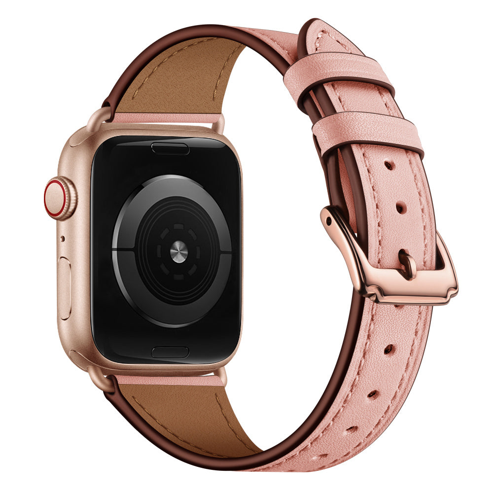 Das arktisband Apple Watch Lederarmband „Napoli“ von arktisband wird in Roségold mit schwarzem Display und rosa Echtlederarmband im minimalistischen Stil, mit zwei Schlaufen und silberner Schnalle gezeigt, abgewinkelt, um das Armband und die Rückseite hervorzuheben.