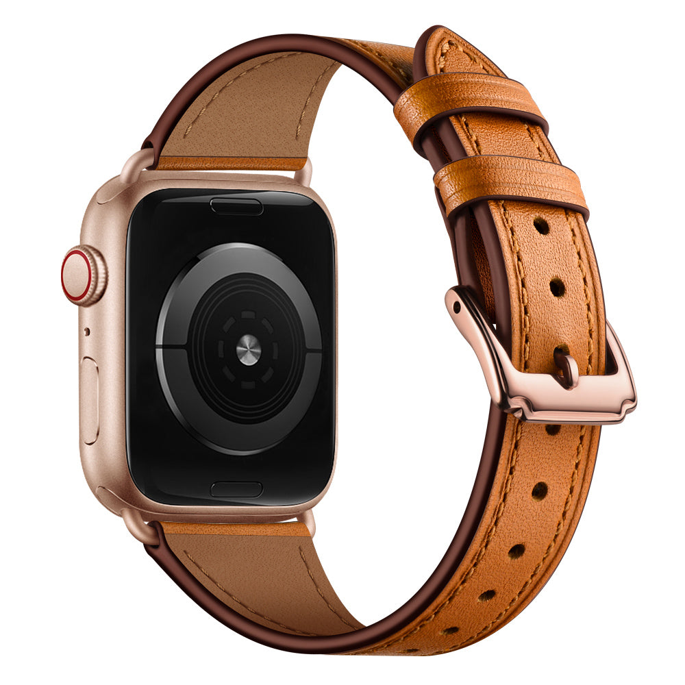 Das arktisband Apple Watch Lederarmband „Napoli“ von arktisband zeigt sich auf einer Smartwatch mit rechteckigem goldfarbenem Gehäuse und schwarzem Display; es verfügt über echtes Leder im minimalistischen Stil, mehrere Löcher und eine Metallschließe.