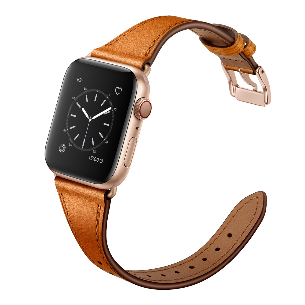 Die Apple Watch mit goldenem Gehäuse trägt das arktisband Lederarmband „Napoli“ von arktisband. Vor weißem Hintergrund zeigt das Zifferblatt einen minimalistischen Stil mit weißen Zeigern, Markierungen und kleinen Icons.