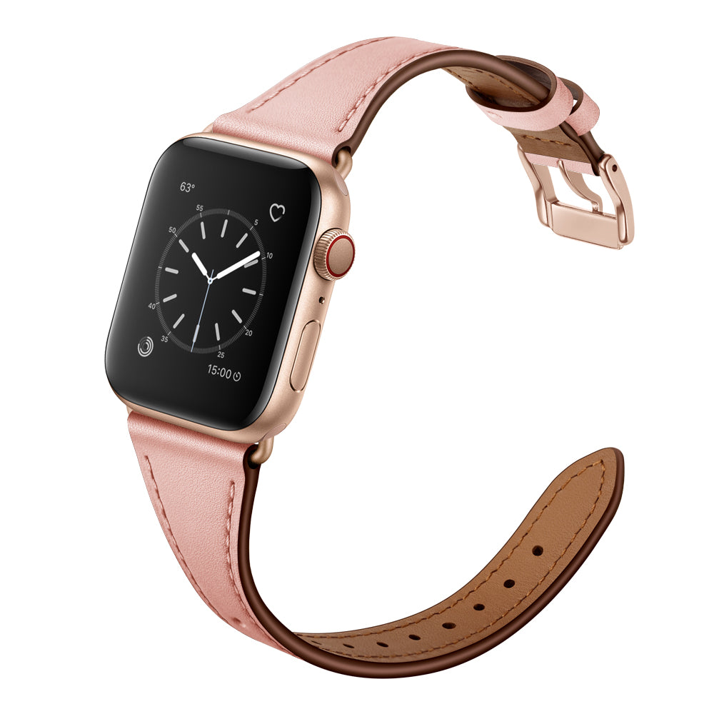 Eine Smartwatch mit quadratischem Goldgehäuse zeigt eine analoge Uhr, Wetter- und Herzfrequenzsymbole an. Sie verfügt über das arktisband Apple Watch Lederarmband „Napoli“ aus rosa Echtleder mit Schnalle der Marke arktisband.