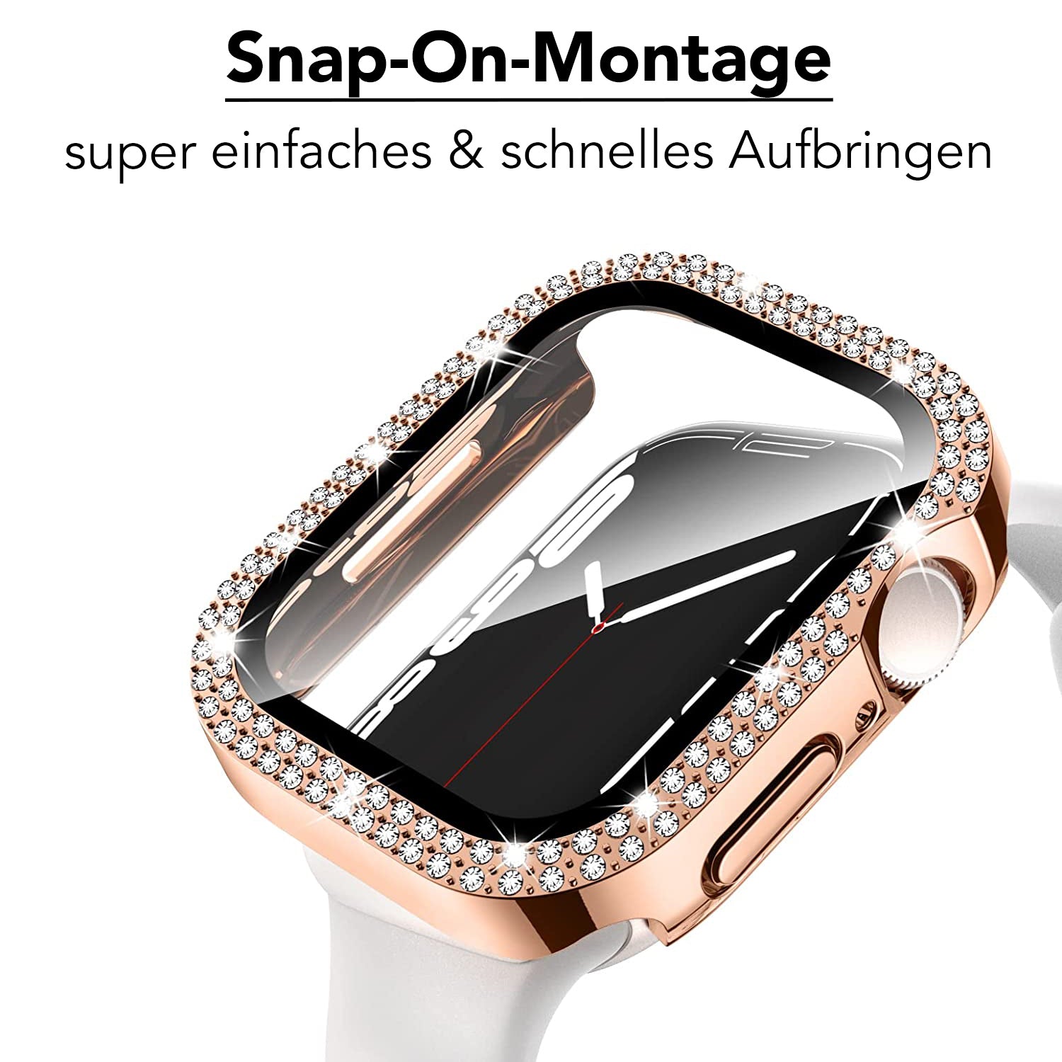 Abgebildet ist die arktisband GLAMOUR Glitzerhülle für Apple Watch von arktisband in Roségold mit Strasssteinchen und gehärtetem Schutzglas. Oben steht auf Deutsch: Snap-On-Montage, super einfaches & schnelles Aufbringen.