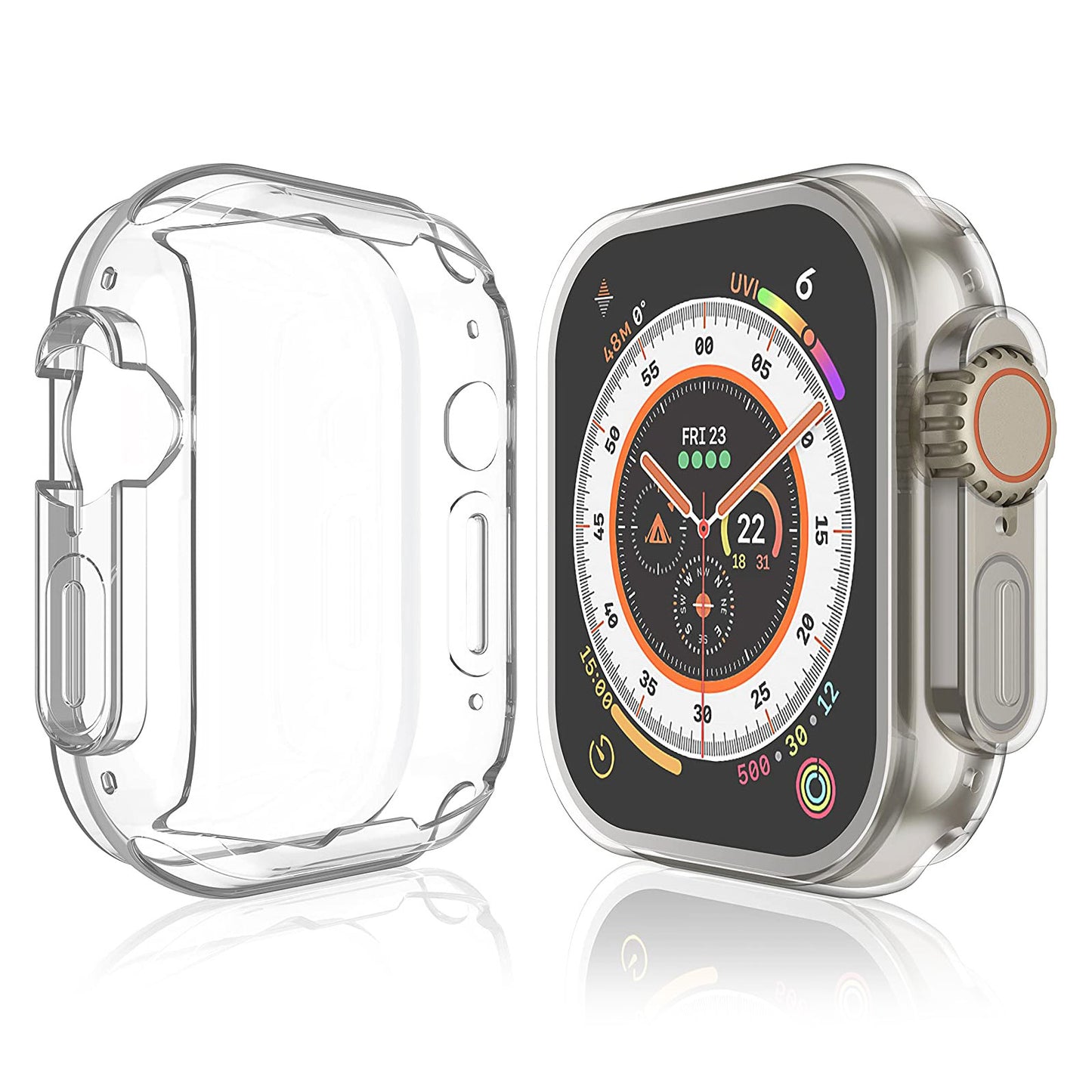 Das ArktisPRO Invisible Air Case für Apple Watch Ultra von arktis.de aus flexiblem TPU bietet 360°-Schutz und wird neben einer Smartwatch mit lebendiger Digitalanzeige angezeigt.