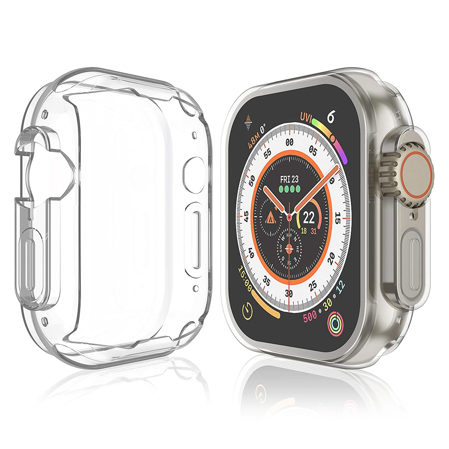 Das ArktisPRO Invisible Air Case für Apple Watch Ultra von arktis.de aus flexiblem TPU bietet 360°-Schutz und wird neben einer Smartwatch mit lebendiger Digitalanzeige angezeigt.