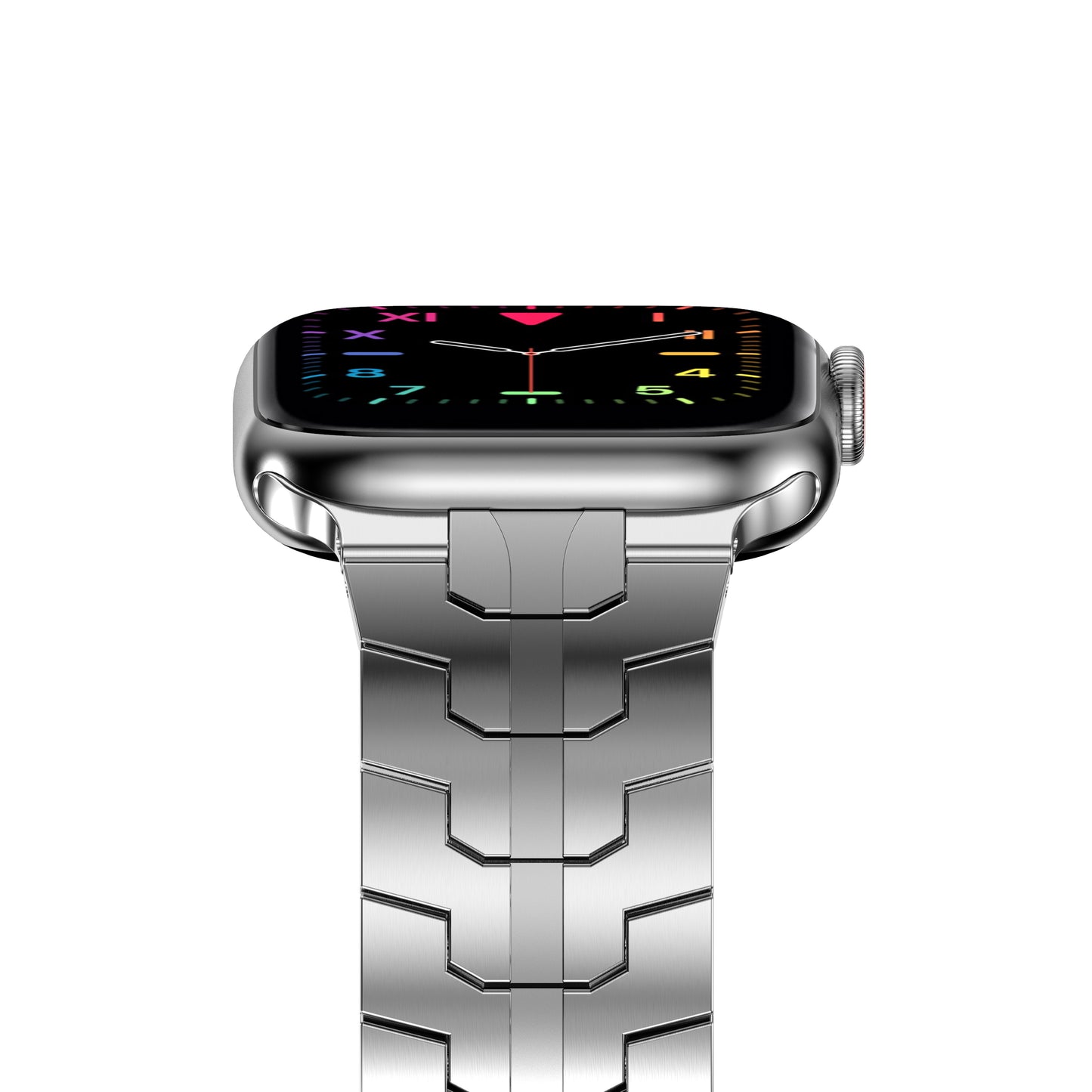 Eine Nahaufnahme des Arktisband Apple Watch Edelstahlarmbands „Momento“ in Silber mit einem schwarzen, farbenfrohen Zifferblatt und minimalistischen Zeigern auf weißem Hintergrund; kompatibel mit Apple Watch.