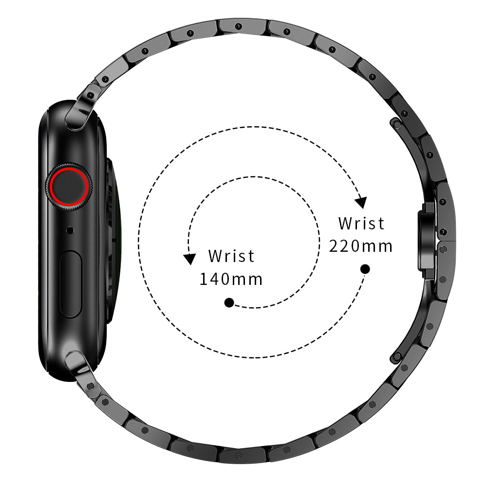Seitenansicht des schwarzen arktisband Apple Watch Edelstahlarmbands „Momento“ von arktisband, neben einem Diagramm, das die Kompatibilität mit Handgelenken von 140 mm bis 220 mm veranschaulicht. Gepunktete Kreise betonen die Handgelenksmaße.