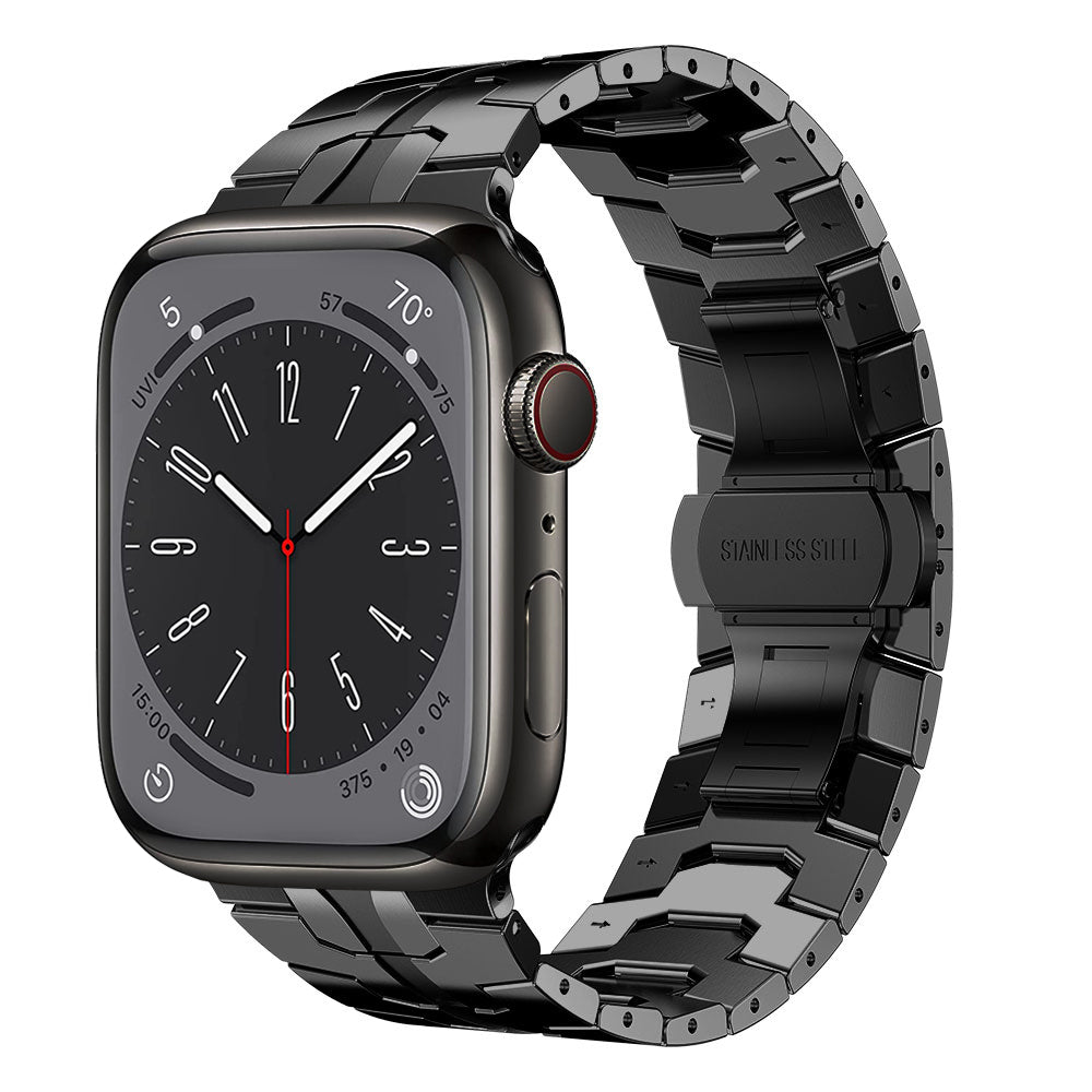Das Arktisband „Momento“-Armband für die Apple Watch ist ein schwarzes Edelstahl-Gliederarmband mit der Gravur „EDELSTAHL“, einer drehbaren Krone und einem rechteckigen Zifferblatt mit einer analogen Uhr, kompatibel mit der Apple Watch.