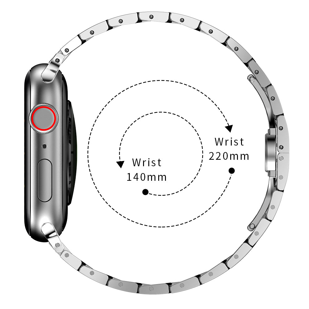 Seitenansicht des arktisband Apple Watch Edelstahlarmbands „Momento“ mit einem Edelstahlgliederband, in einem Kreis dargestellt, um die Kompatibilität mit Apple Watch-Handgelenkgrößen von 140 mm bis 220 mm anzuzeigen, gekennzeichnet durch gestrichelte Kreise und Pfeile.