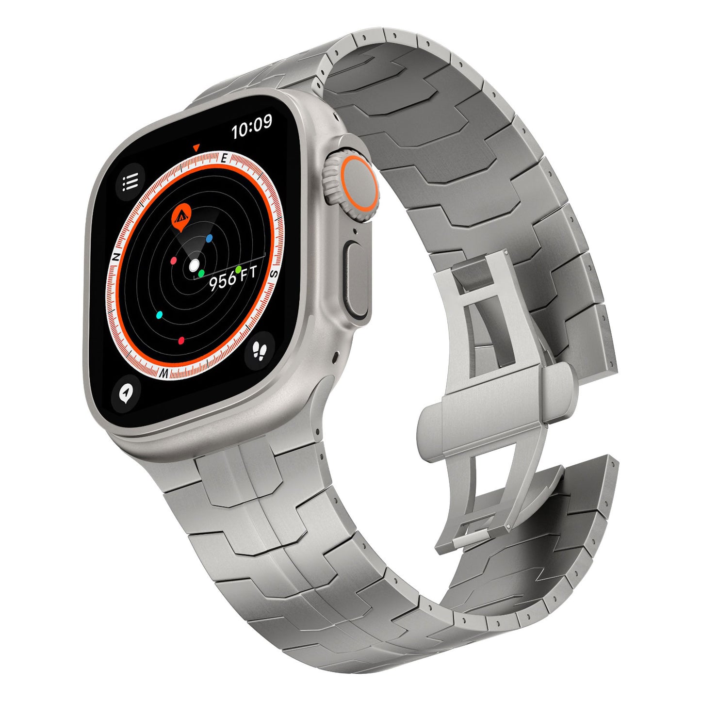 Das arktisband Apple Watch Ultra Armband TITANIUM F-15 von arktisband besteht aus einer silbernen Apple Watch mit einem metallischen Gliederarmband, einer orange akzentuierten Krone und einer Kompass-App – eine Kombination aus fortschrittlichem Stil und Haltbarkeit, inspiriert vom Titanium F-15.