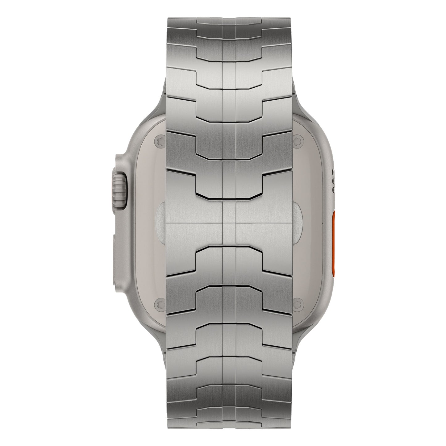 Eine Nahaufnahme von oben des arktisband Apple Watch Ultra Armband TITANIUM F-15 von arktisband, einem silbernen Metallband mit segmentiertem geometrischem Muster, das an einer Apple Watch Ultra mit rechteckigem Gehäuse und sichtbaren Seitentasten befestigt ist.