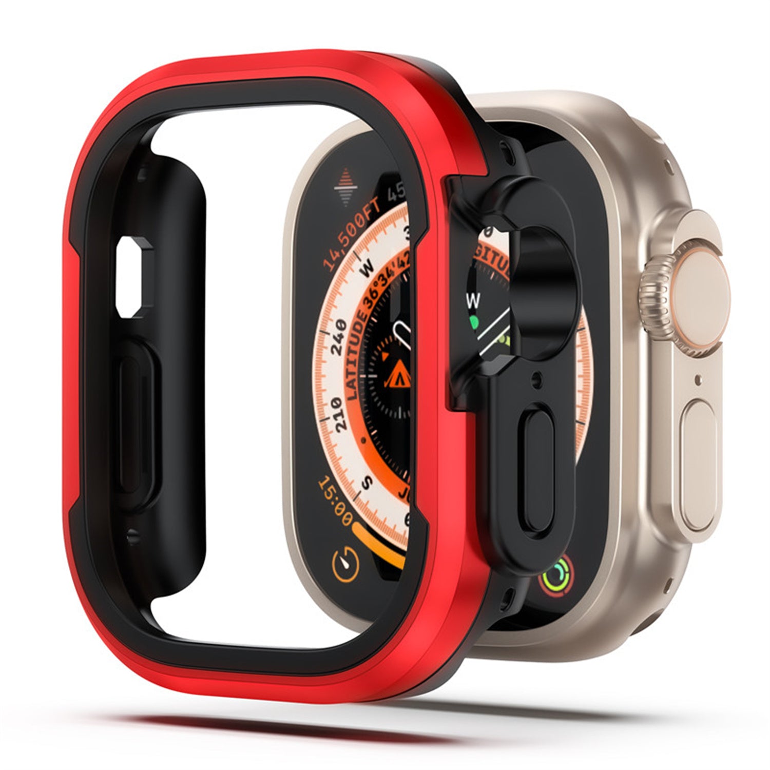 Neben dem ArktisPRO DEFENDER Case für die Apple Watch Ultra von ArktisPRO wird eine robuste Smartwatch mit kreisförmiger Kompassanzeige gezeigt, wobei die TPU-Konstruktion, der Aluminiumrahmen, die präzisen Aussparungen und das Design für optimalen Schutz hervorgehoben werden.