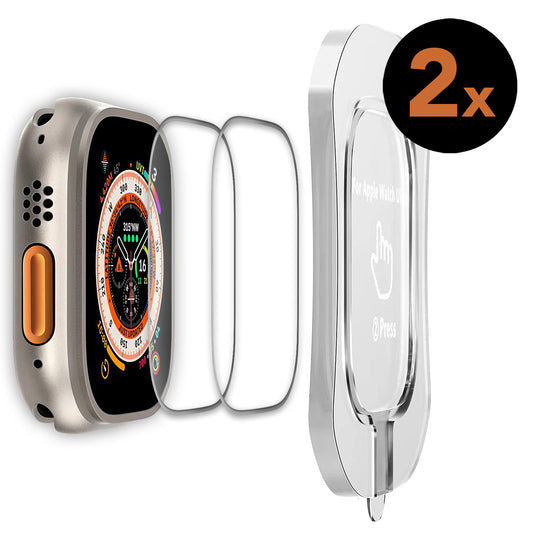 Das MR PROTECT CRYSTAL CLEAR Displayschutz GLAS für Apple Watch Ultra 49 mm (2er Set) verfügt über gehärtetes Glas, oleophobe Beschichtung und Anwendungstools, neben einer abgebildeten Apple Watch Ultra.
