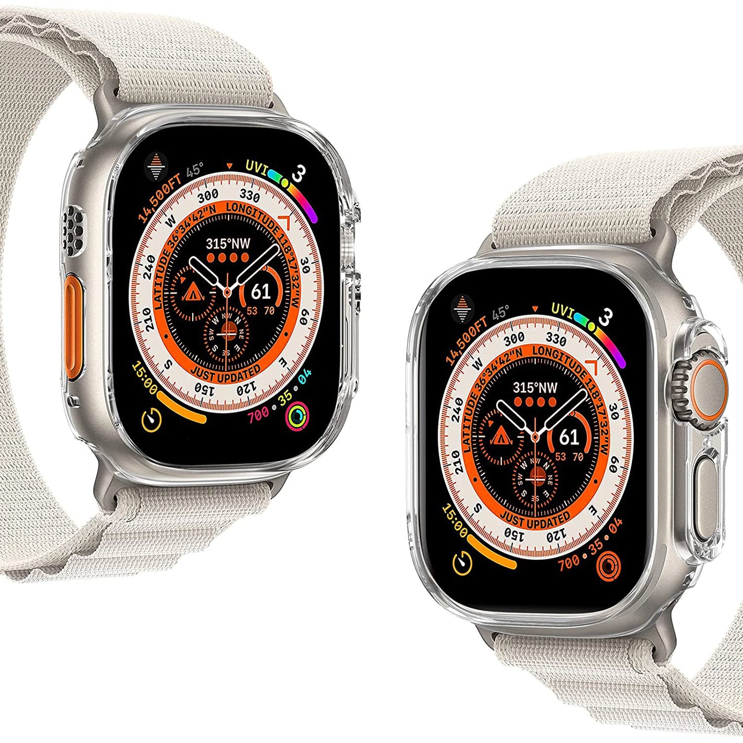 Zwei Smartwatches mit Leuchtbändern, darunter eine Apple Watch Ultra 49 mm, geschützt durch den ArktisPRO CRYZTAL BUMPER, zeigen einen lebendigen Kompass und einen dynamischen Aktivitäts-Tracking-Bildschirm.