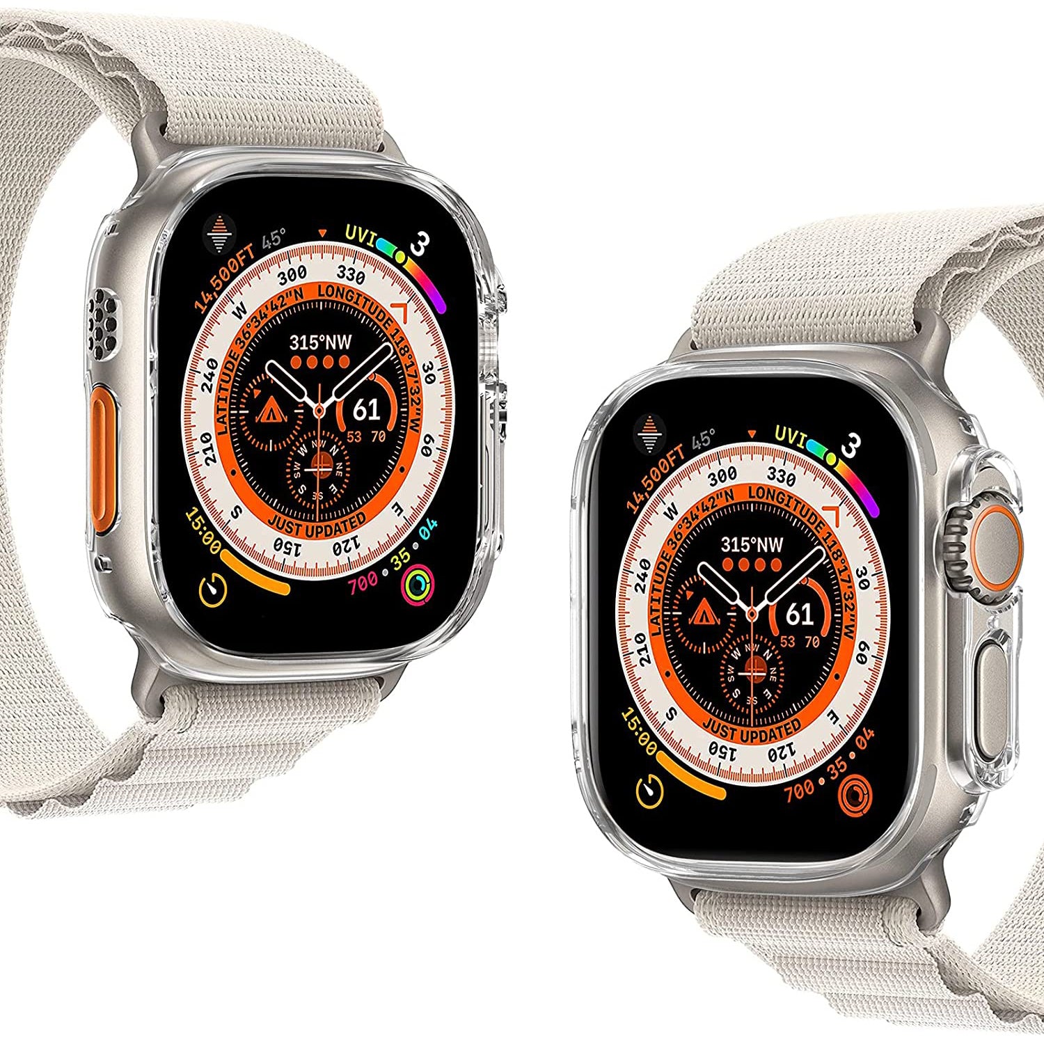 Zwei Smartwatches mit Leuchtbändern, darunter eine Apple Watch Ultra 49 mm, geschützt durch den ArktisPRO CRYZTAL BUMPER, zeigen einen lebendigen Kompass und einen dynamischen Aktivitäts-Tracking-Bildschirm.