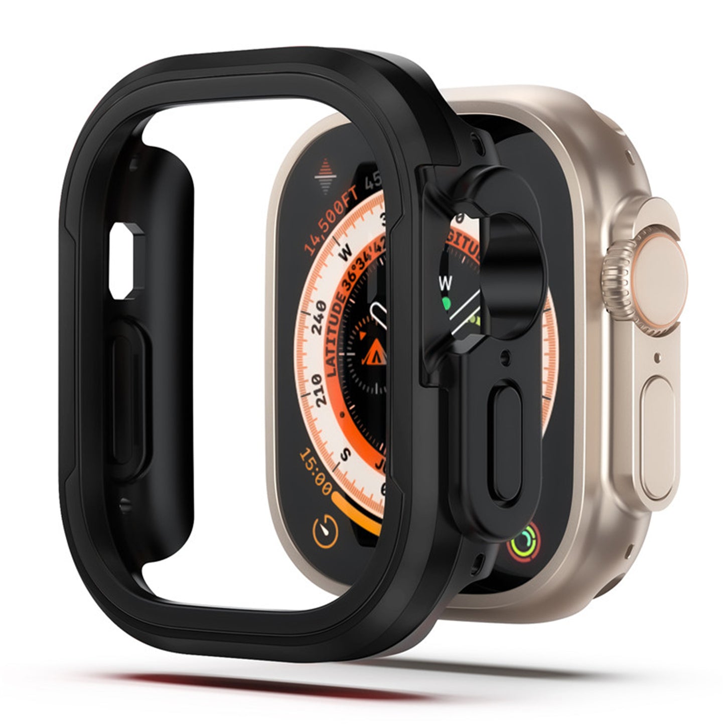 Das ArktisPRO DEFENDER Case für Apple Watch Ultra von ArktisPRO, aus TPU mit Aluminium-Rahmen in Schwarz, liegt vor einer beigen Smartwatch mit Kompassanzeige und bietet perfekten Schutz für Ihr Gerät.