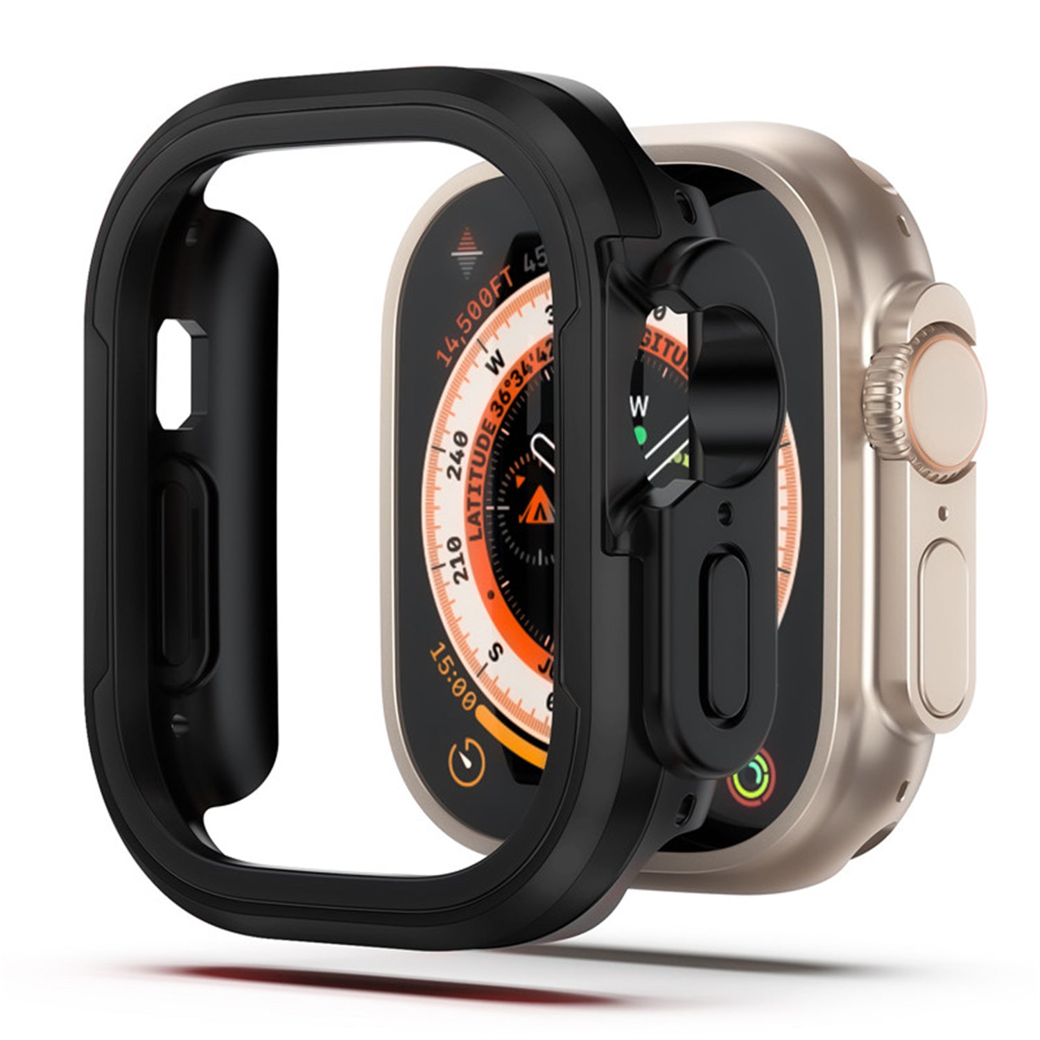 Das ArktisPRO DEFENDER Case für Apple Watch Ultra von ArktisPRO, aus TPU mit Aluminium-Rahmen in Schwarz, liegt vor einer beigen Smartwatch mit Kompassanzeige und bietet perfekten Schutz für Ihr Gerät.