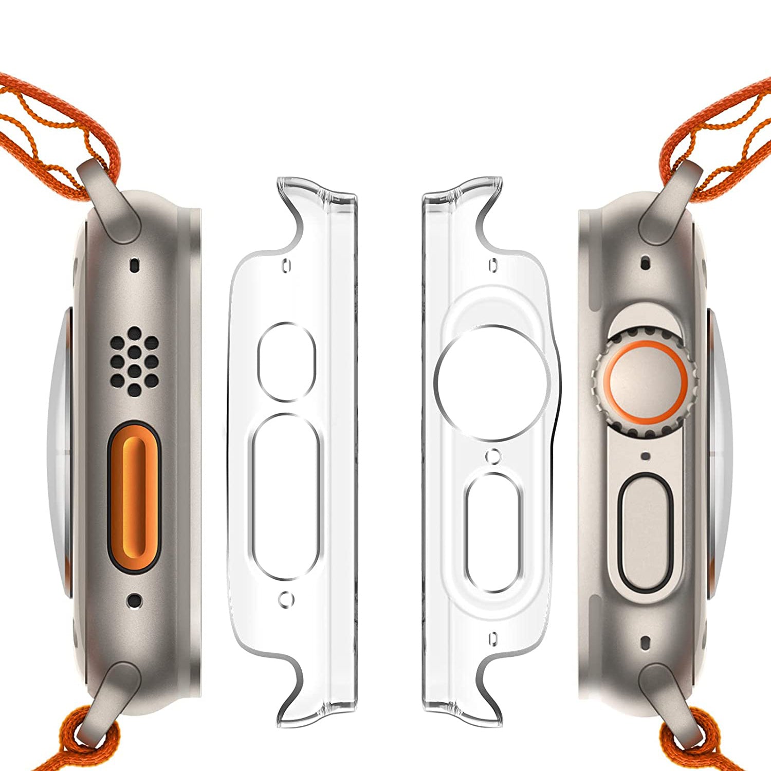 Zwei Apple Watch Ultra 49 mm mit orangefarbenen Armbändern und zwei ArktisPRO CRYZTAL BUMPER-Polycarbonat-Gehäuse werden nebeneinander angezeigt, wobei ihre Tasten hervorgehoben sind.