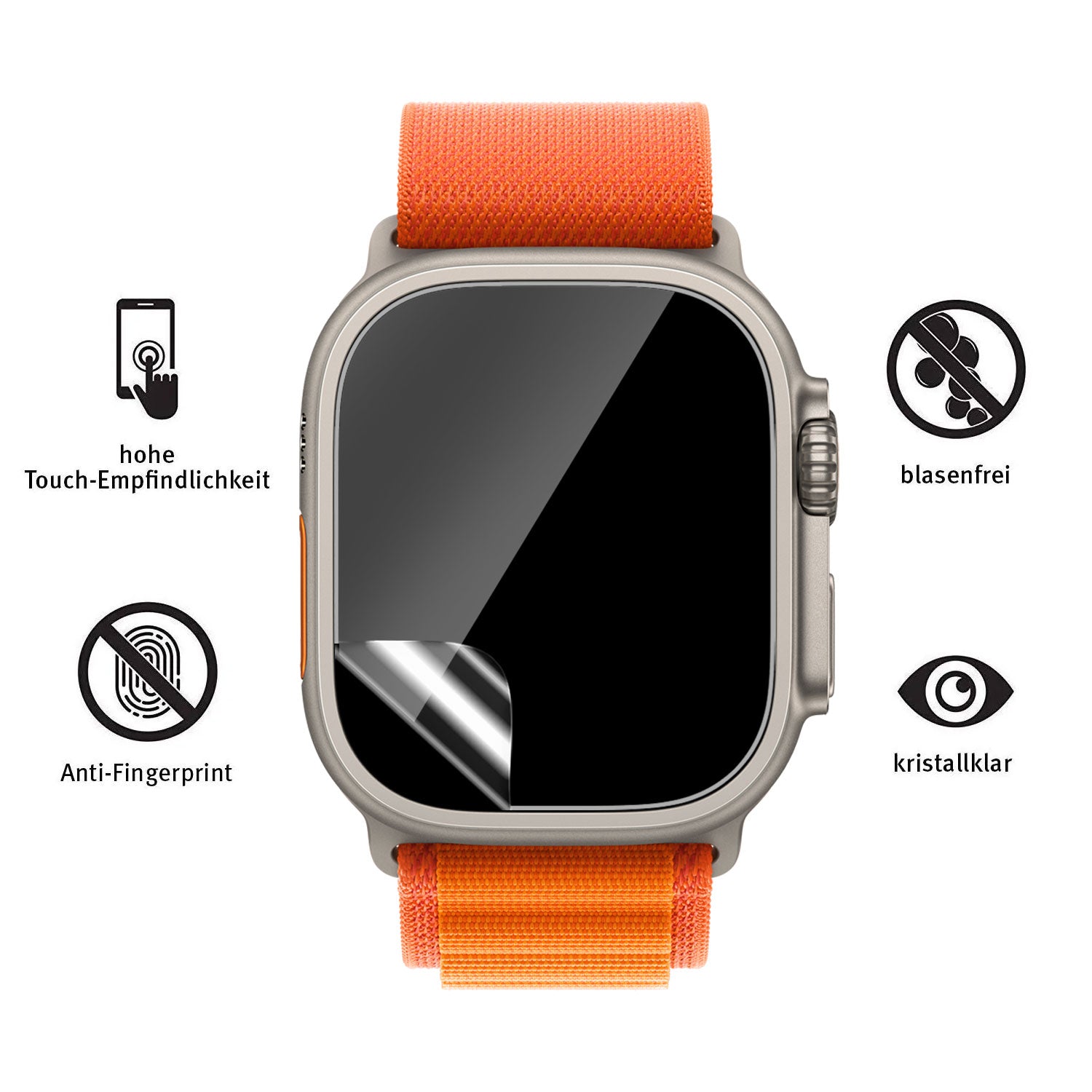 Schützen Sie Ihre Apple Watch Ultra 49 mm mit dem Arktis Schutzfolie 6er Set – ultraklarer, berührungsempfindlicher, fingerabdrucksicherer und blasenfreier Displayschutz. Perfekt für den täglichen Gebrauch und inklusive orangefarbenem Armband.