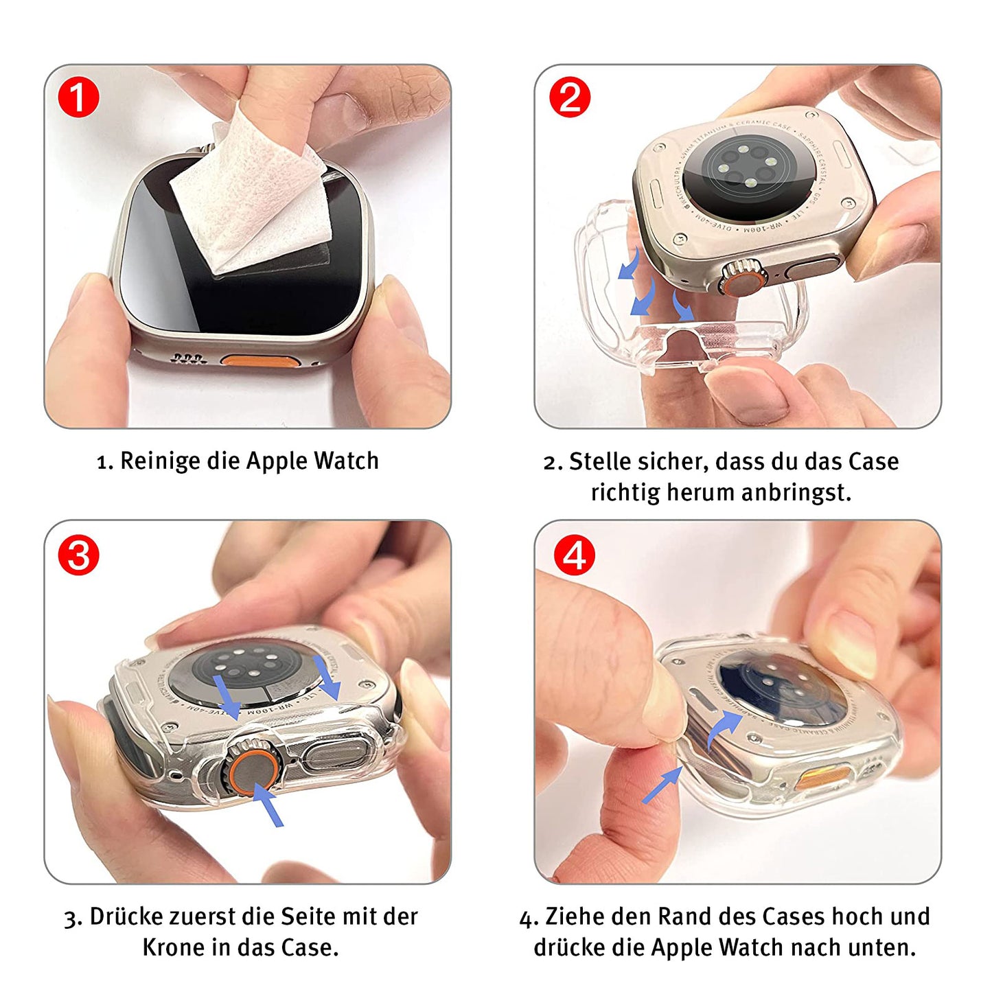 Schritt-für-Schritt-Anleitung zum Reinigen und Installieren des ArktisPRO Invisible Air Case für Apple Watch Ultra von arktis.de für vollständigen 360°-Schutz.