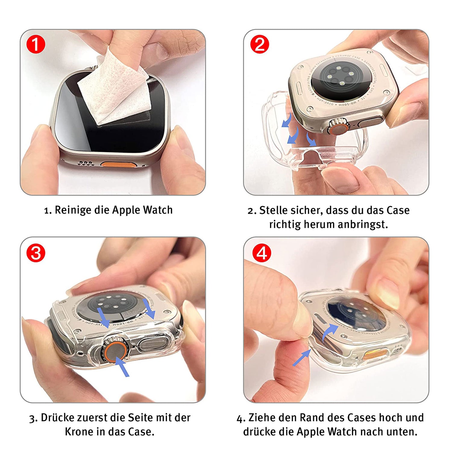 Schritt-für-Schritt-Anleitung zum Reinigen und Installieren des ArktisPRO Invisible Air Case für Apple Watch Ultra von arktis.de für vollständigen 360°-Schutz.