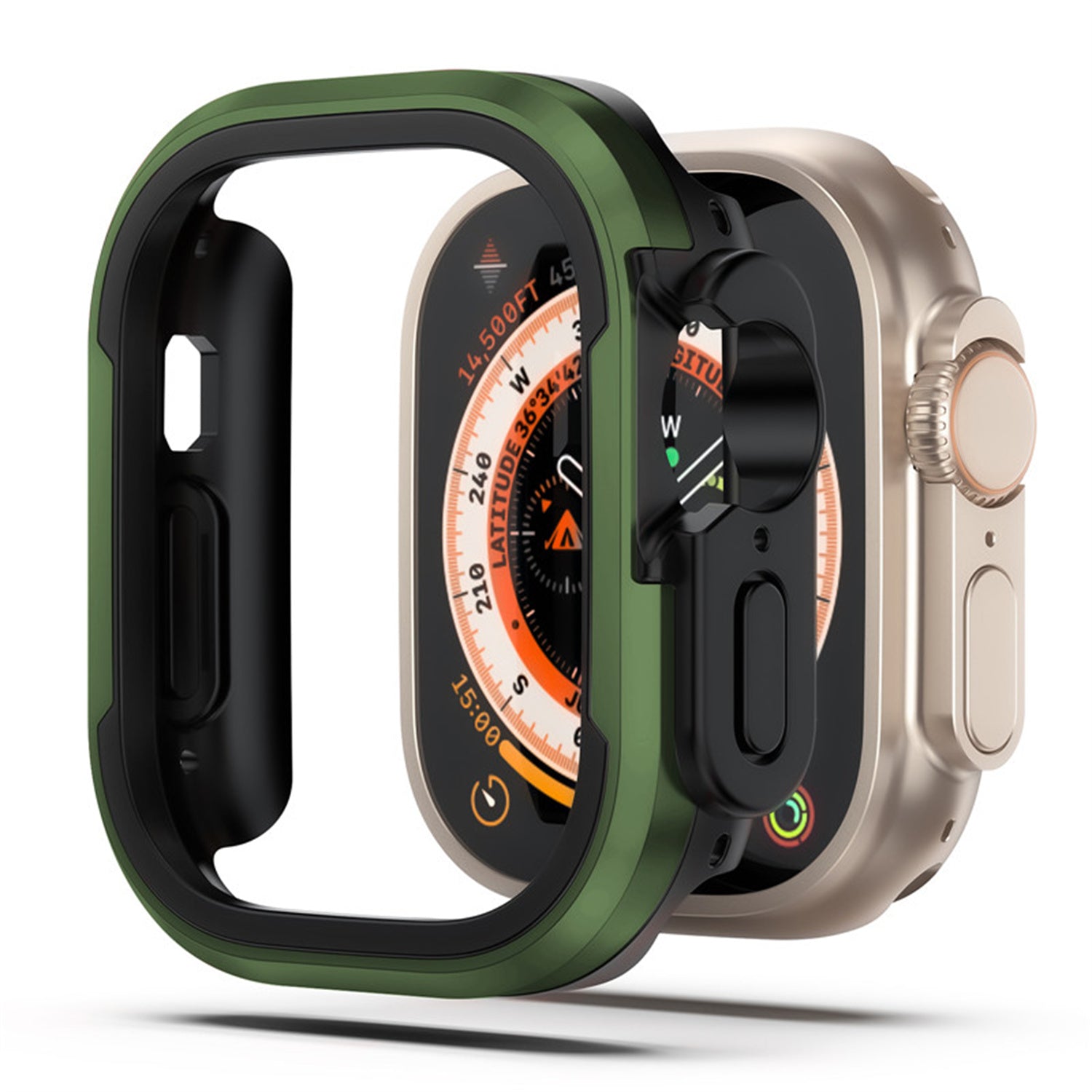 Das ArktisPRO DEFENDER Case für die Apple Watch Ultra von ArktisPRO ist eine robuste grün-schwarze Schutzhülle aus TPU mit Aluminium-Rahmen, entwickelt für optimalen Schutz Ihrer Smartwatch.