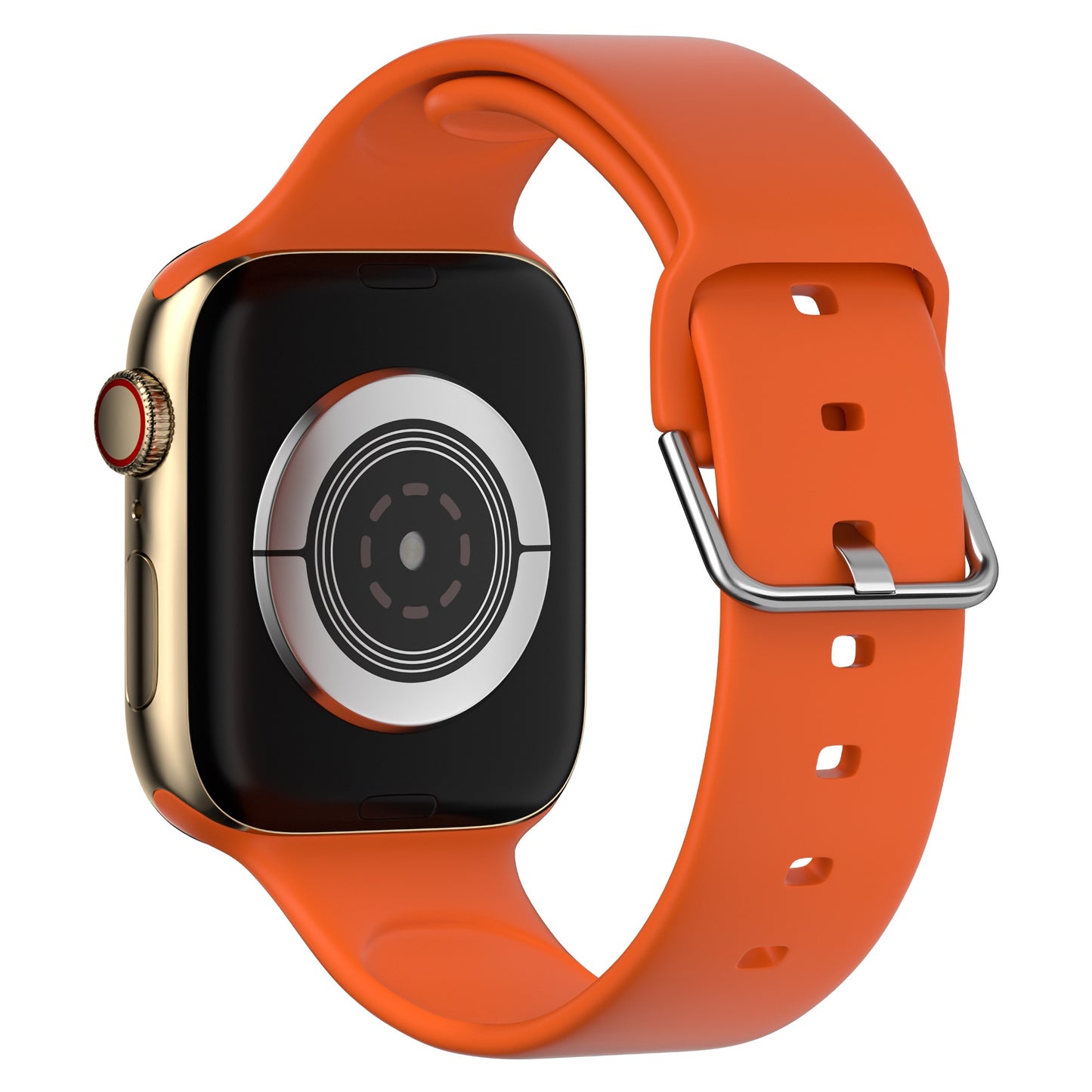 Das arktisband Apple Watch Silikonarmband „Aqua“ von arktisband ist ein goldenes Smartwatch-Armband mit einem orangefarbenen perforierten Silikonband, einer silbernen Schnalle und einem schwarzen Bildschirm, kompatibel mit der Apple Watch, abgebildet auf weißem Hintergrund.