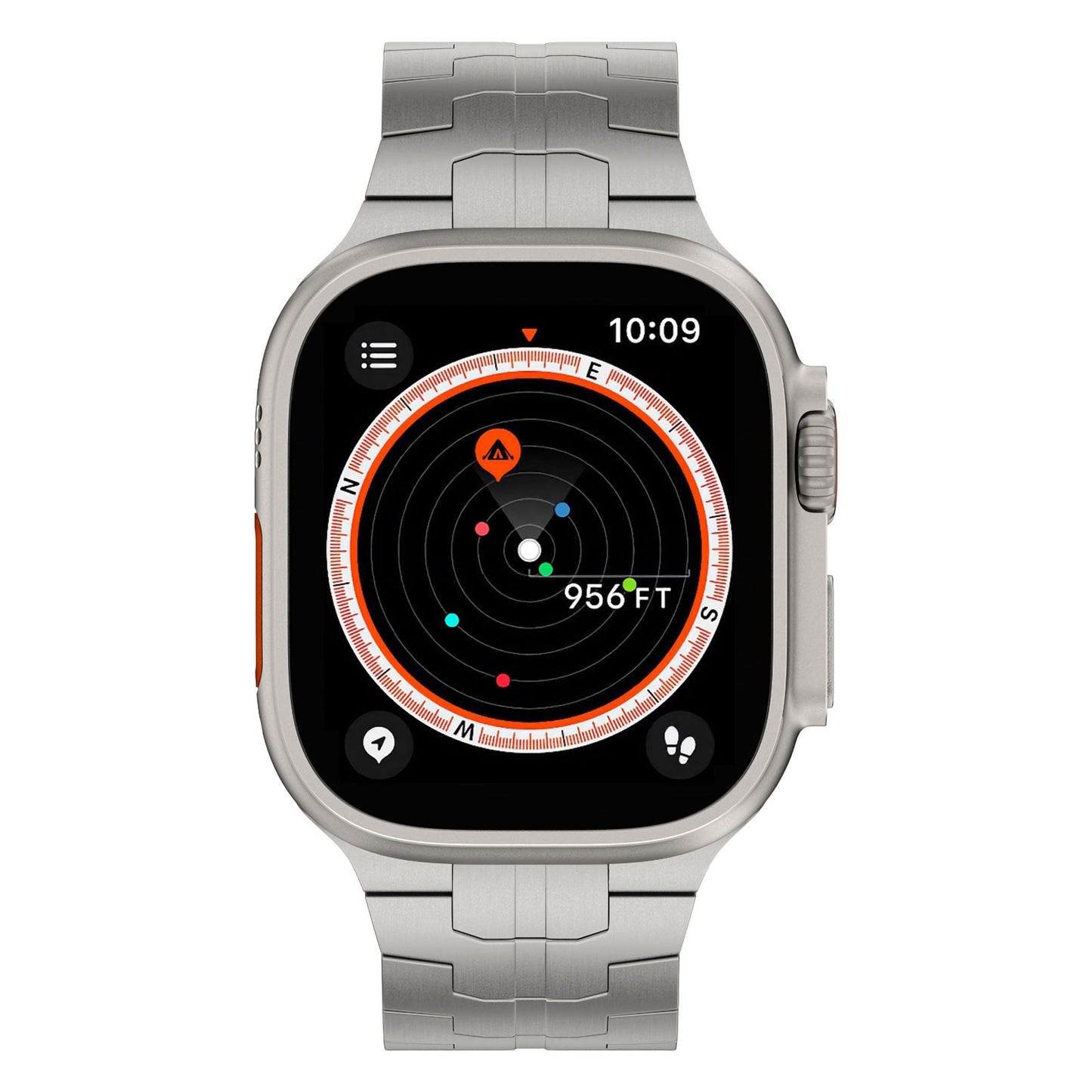 Das arktisband Apple Watch Ultra Armband TITANIUM F-15 von arktisband verfügt über ein Metallarmband. Die digitale Kompassschnittstelle zeigt Himmelsrichtungen, 290 m Entfernung, farbige Wegpunkte auf Schwarz und die Uhrzeit 10:09 Uhr an.