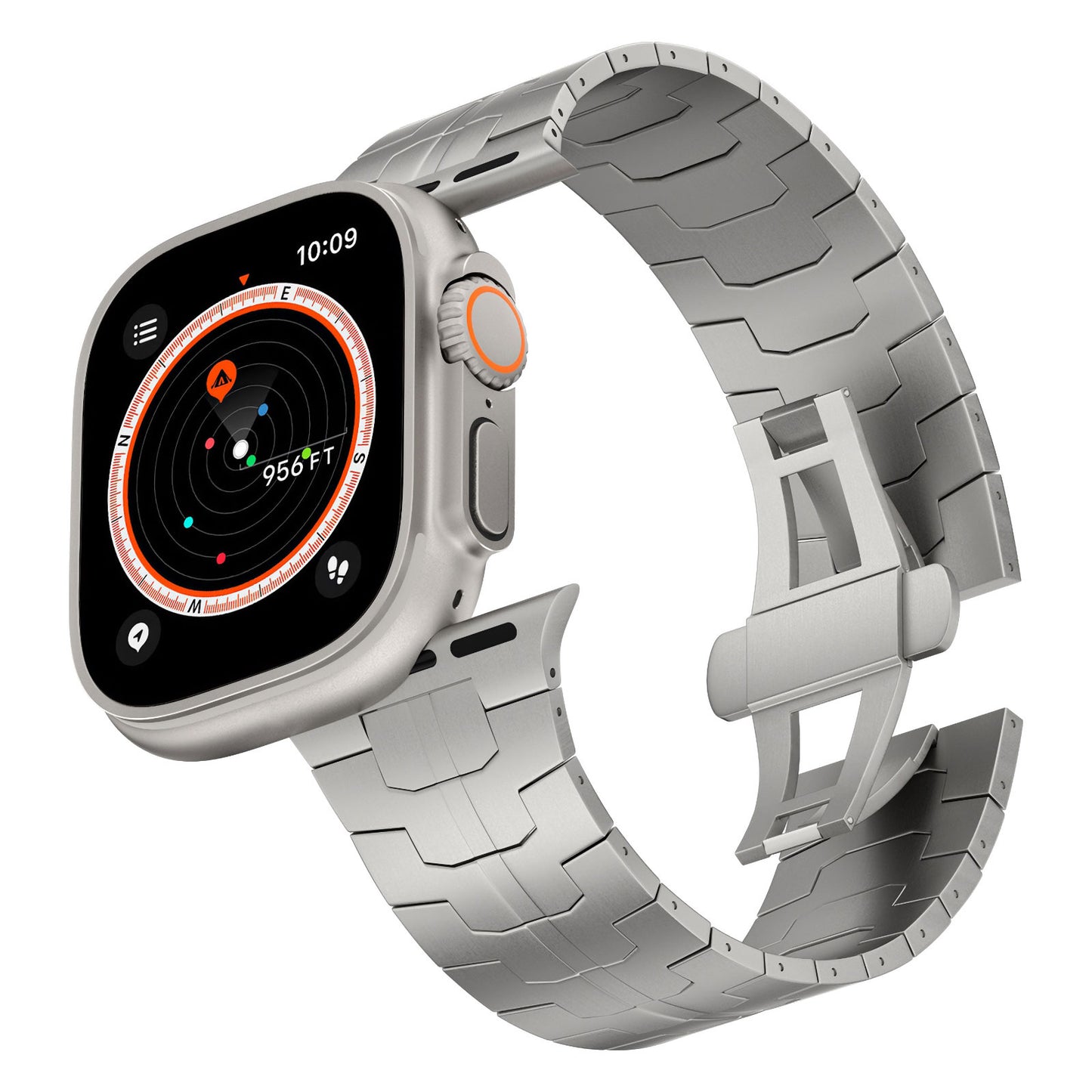 Eine silberne Apple Watch Ultra mit dem Arktisband Apple Watch Ultra Armband TITANIUM F-15 wird schräg gezeigt und zeigt eine Kompassschnittstelle mit Himmelsrichtungen, eine digitale Anzeige und die Uhrzeit auf 10:09 eingestellt.