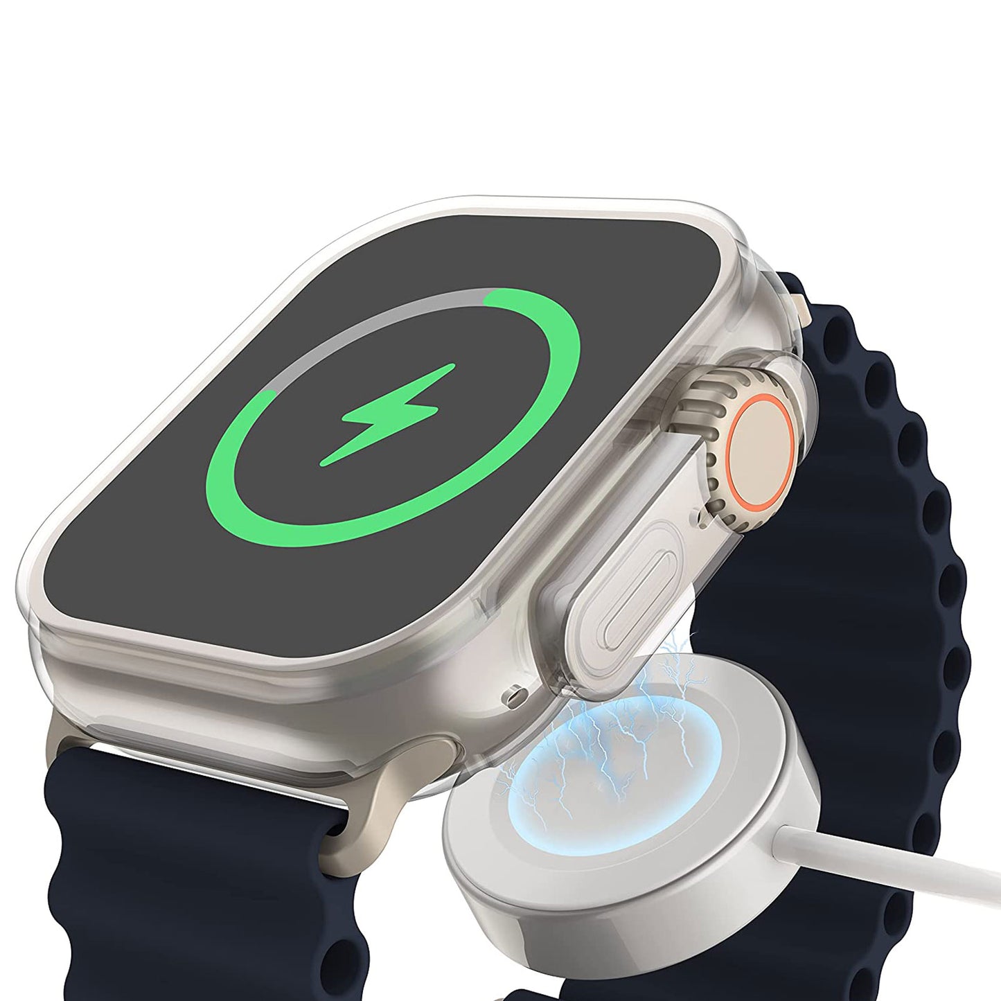 Das arktis.de ArktisPRO Invisible Air Case für die Apple Watch Ultra bietet 360°-Schutz für Ihre Smartwatch mit schwarzem Band, wird drahtlos aufgeladen und zeigt ein grünes Ladesymbol auf dem Bildschirm an.