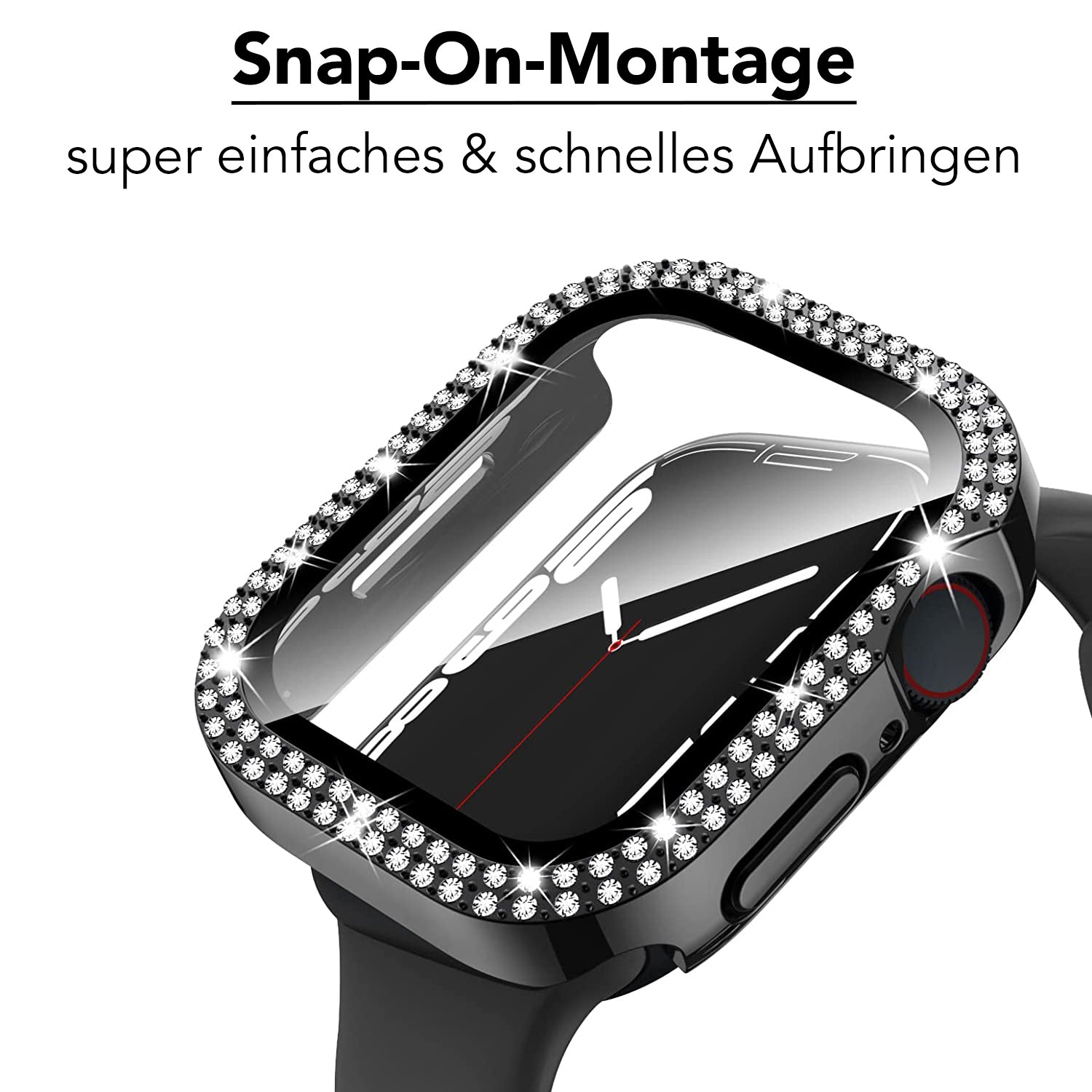Eine Nahaufnahme der arktisband GLAMOUR Glitzerhülle für Apple Watch mit Strasssteinchen und gehärtetem Schutzglas. Oben steht: Snap-On-Montage – super einfaches & schnelles Aufbringen.