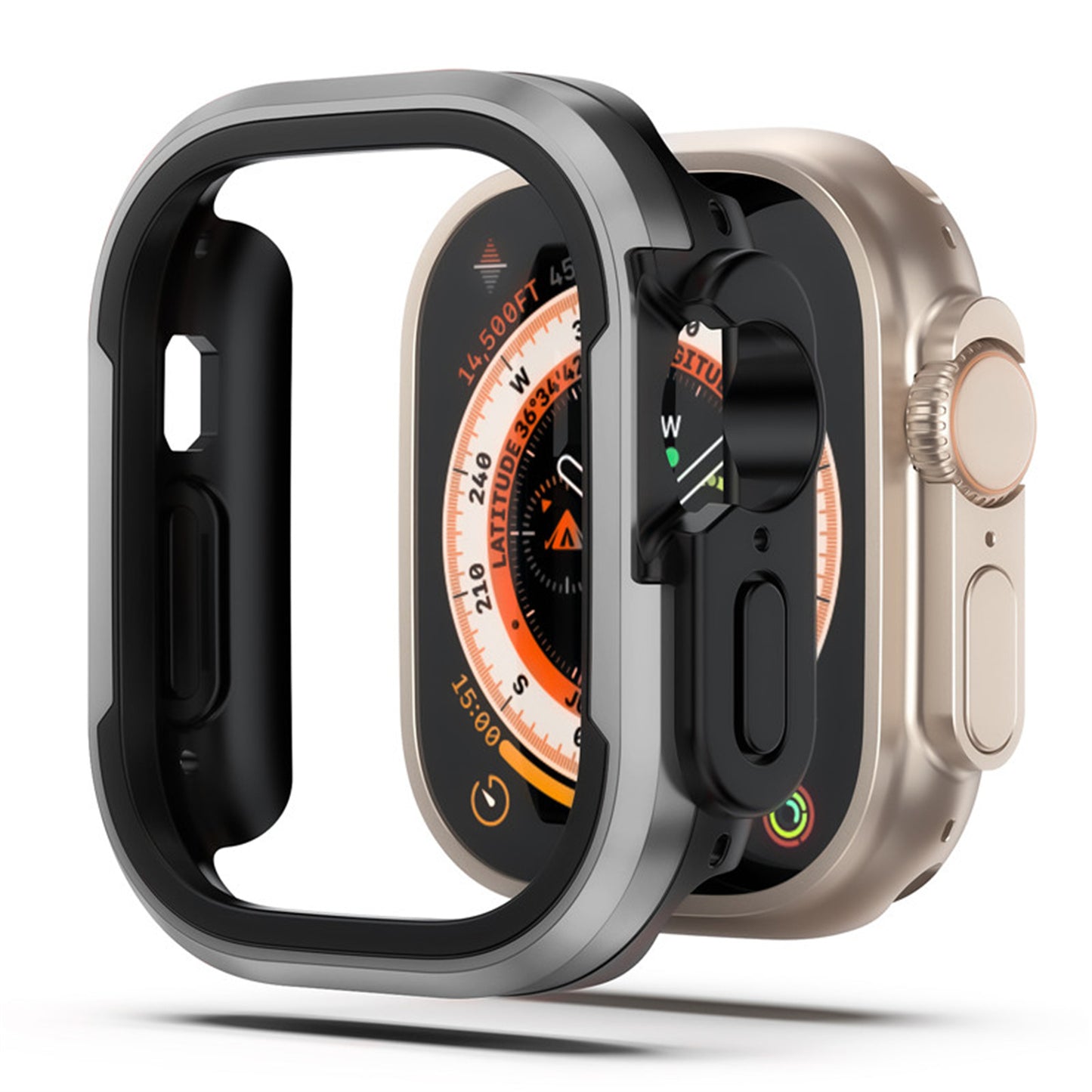 Neben dem ArktisPRO DEFENDER Case für die Apple Watch Ultra von ArktisPRO wird eine Smartwatch mit detaillierter Kompassanzeige gezeigt. Das goldene Uhrengehäuse kontrastiert mit dem schwarzen Gehäuse mit metallischen Akzenten für perfekten Schutz.