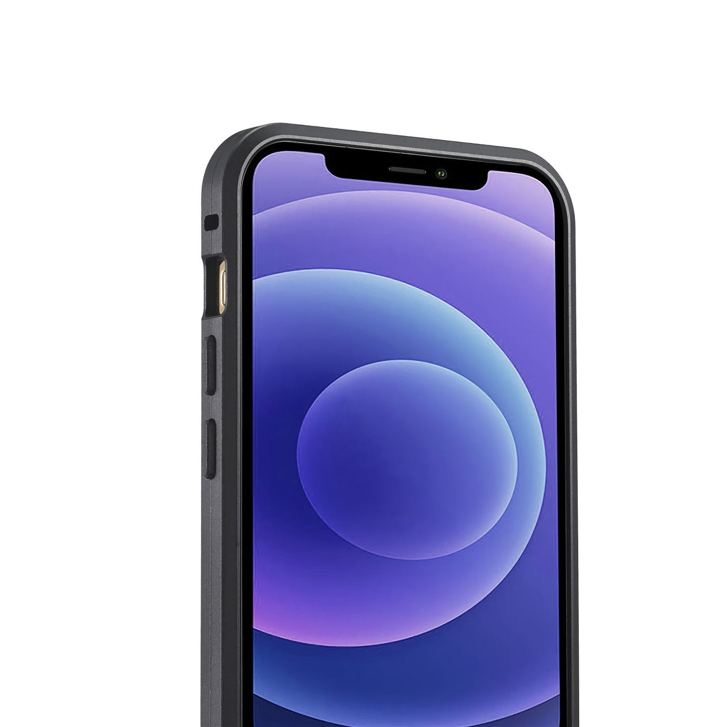 Das Aviato Magnetic Aluminum Case für das iPhone 14 von Aviato verfügt über ein elegantes schwarzes Finish und wird auf einem Smartphone mit einem abstrakten Hintergrundbild in Lila und Blau angezeigt.
