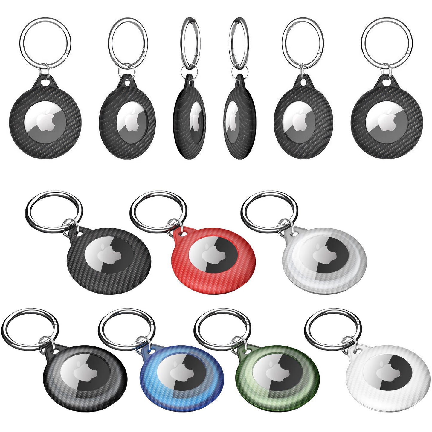 Ein Set aus zwölf ArktisPRO AirTag CARBON CASE-Schlüsselanhängern von ArktisPRO, hergestellt aus stoßfestes TPU in verschiedenen Farben und Mustern wie Carbon Style Schwarz, Rot, Weiß, Blau und Grün – in zwei Reihen auf weißem Hintergrund dargestellt.