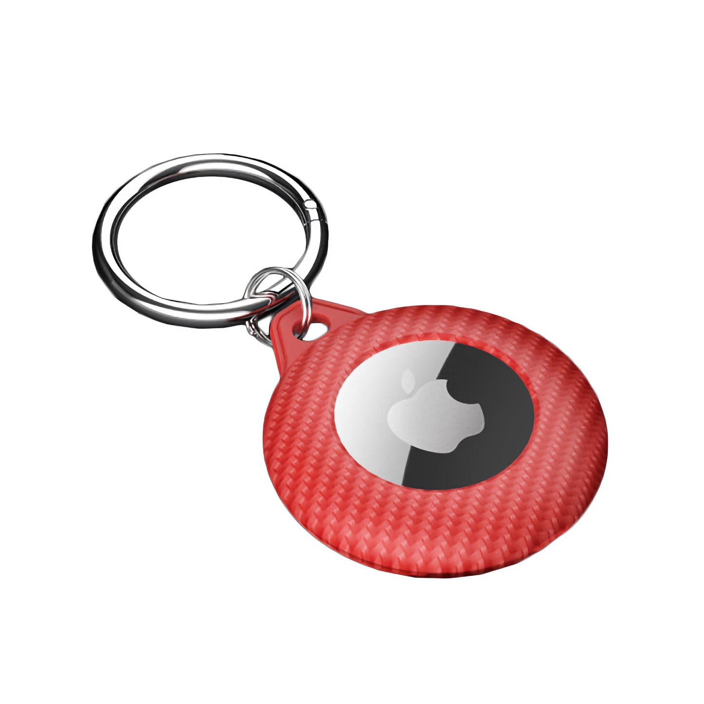 Der ArktisPRO AirTag CARBON CASE Schlüsselanhänger ist ein roter TPU-Schlüsselringhalter im Carbon-Stil von ArktisPRO mit einem Metallring und strukturiertem Design zur sicheren Präsentation Ihres Apple AirTag und seines Logos.