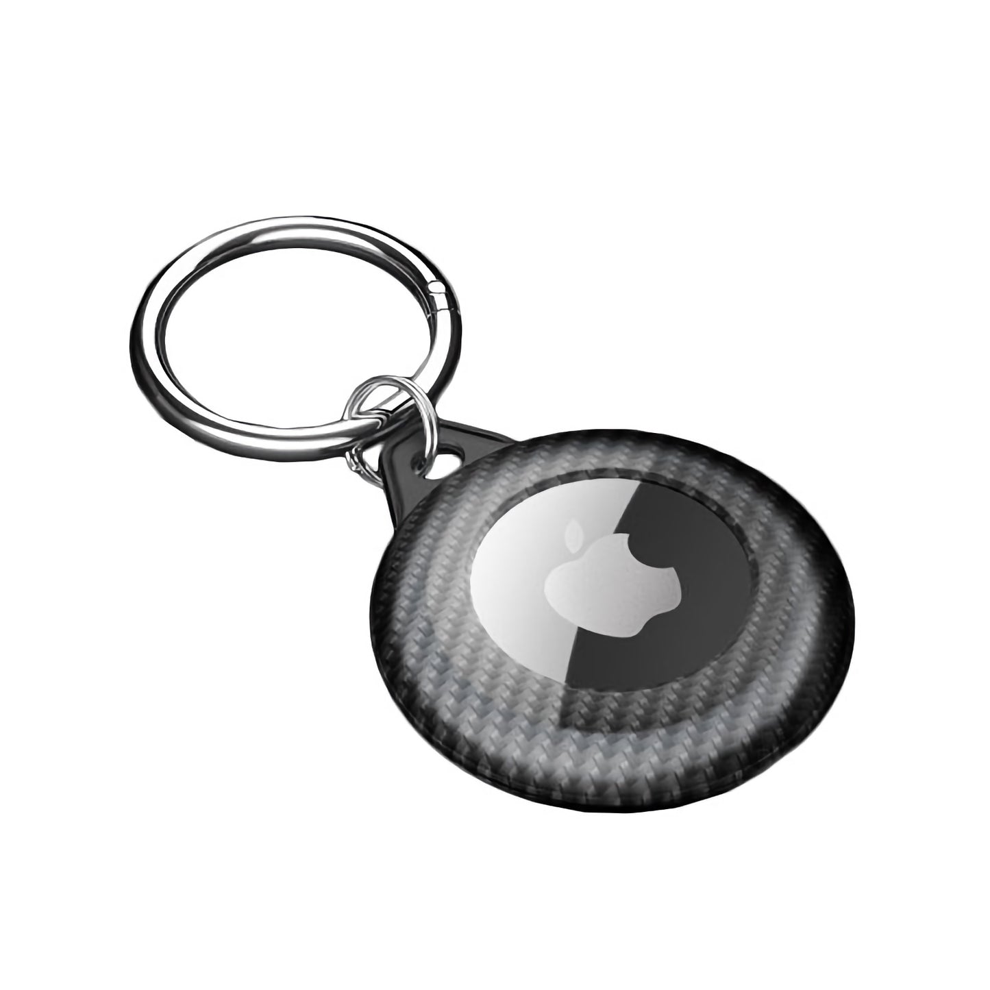 Eine Nahaufnahme des ArktisPRO AirTag CARBON CASE Schlüsselanhängers, ein runder Schlüsselanhängerhalter mit einem metallischen Schlüsselring aus stoßfestem TPU, der einen Apple AirTag sicher in der Mitte hält.