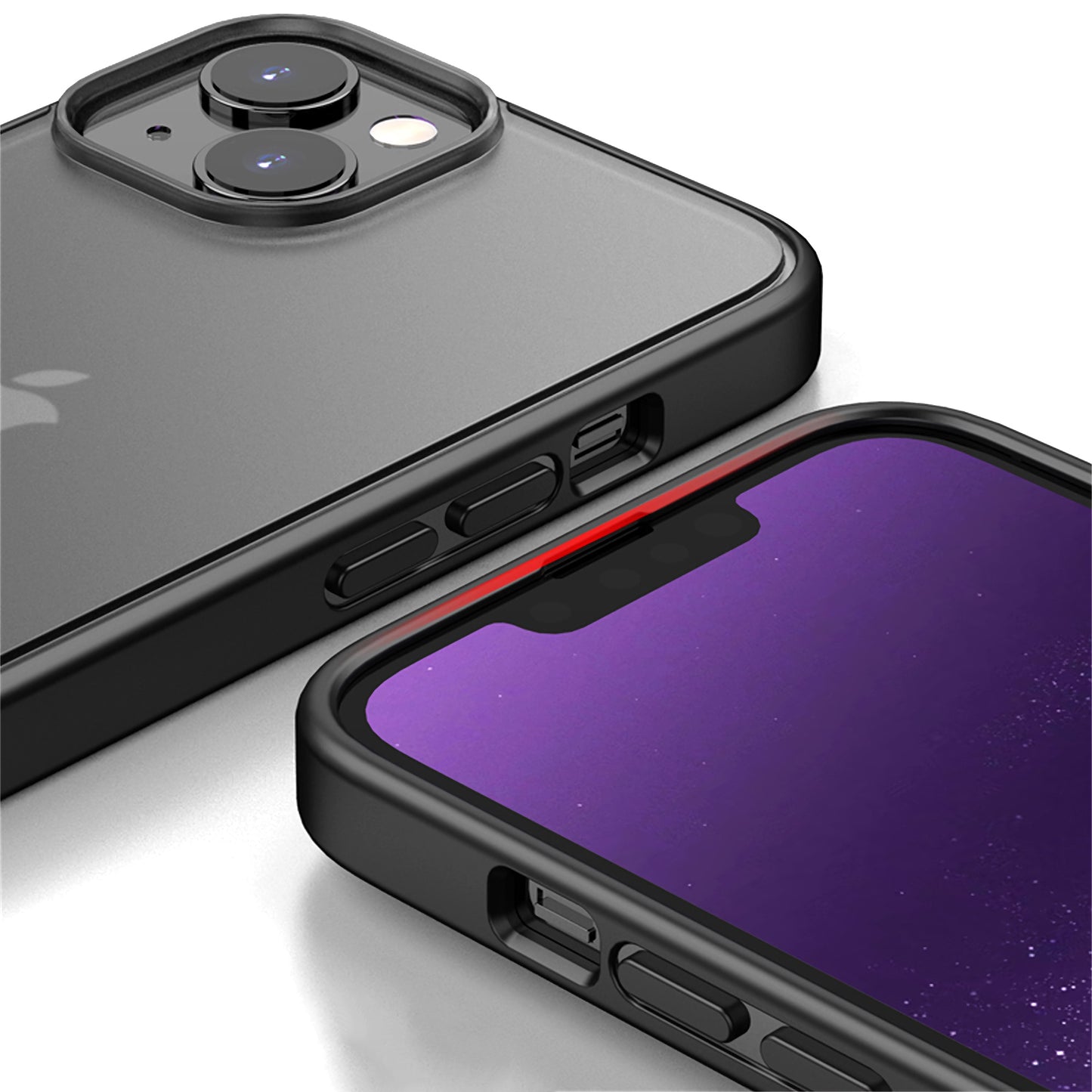 Nahaufnahme des Aviato SECTOR SLIM Case für iPhone 13 – Full Black von Aviato, hergestellt aus stoßdämpfendem TPU und kratzfestem Polycarbonat, mit seitlichen Tasten und Kameramodul.